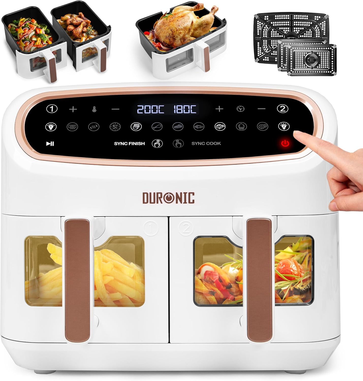 Duronic XXL Air Fryer AF34 WE 10L Digital Family Size Air Fryers Oil Free Triple Drawers 10in1 Dual Zone Extra Large AirFryer for Family Cooking with Dishwasher Safe Non-Stick Baskets White
