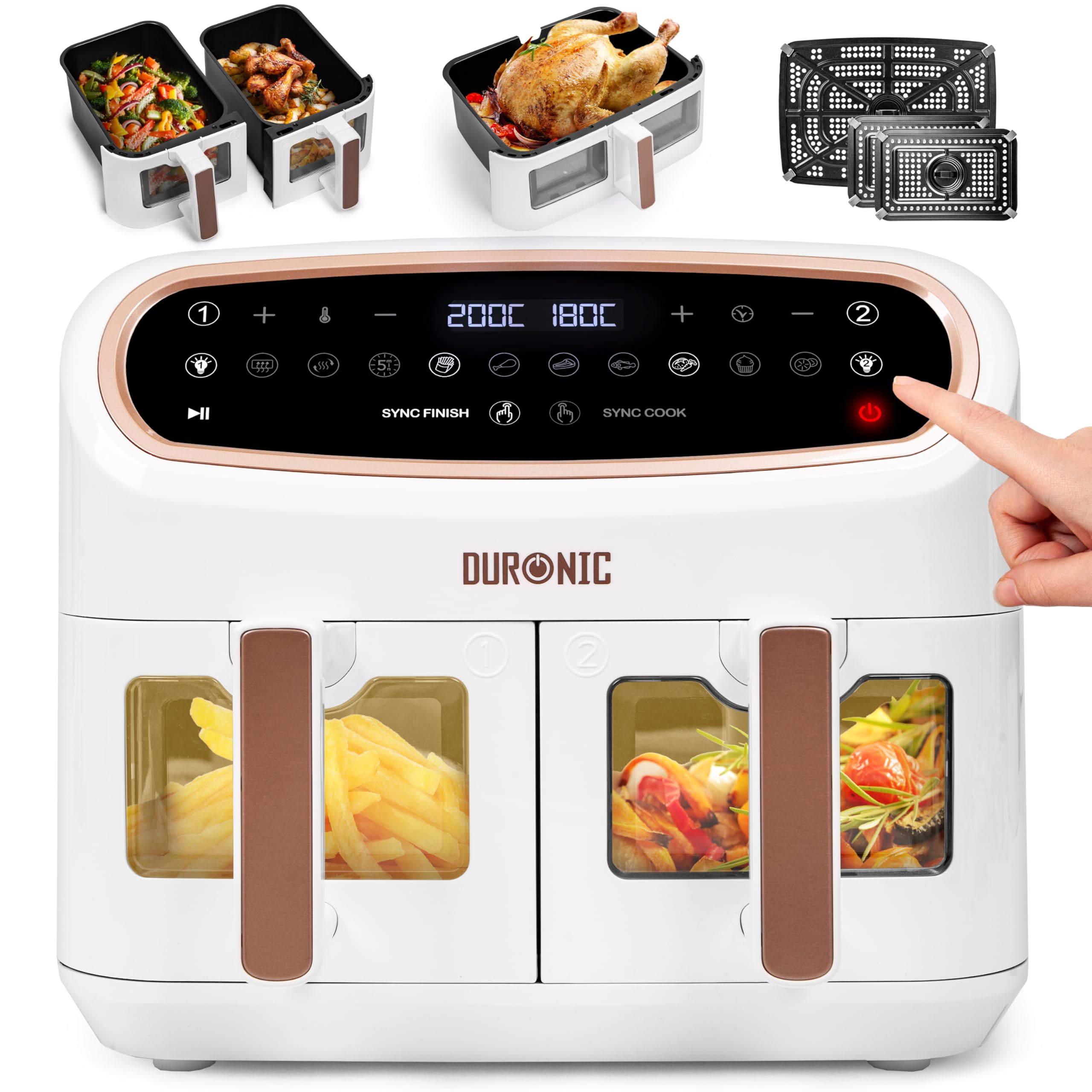 Duronic Twin Air Fryer AF24 10L Digital Large Air Fryer Dual Basket Visual Window 2400W Sync Cook Sync Finish 10 Presets Quick Cook Dishwasher Safe Oil-Free Healthy Cooking Family Size Multi Cooker