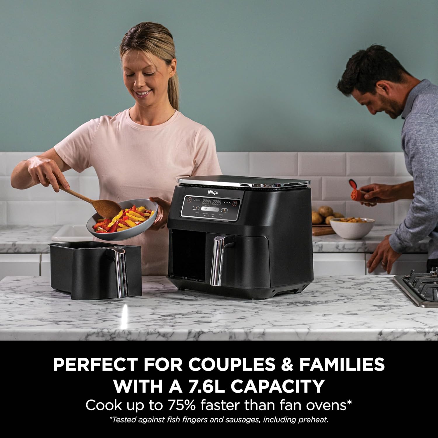 Ninja Foodi Dual Zone Digital Air Fryer, 2 Drawers, 7.6L, 4-in-1, Uses No Oil, Air Fry, Max Crisp, Roast, Reheat, Non-Stick, Dishwasher Safe Baskets and Crisper Plates, Black AF200UK
