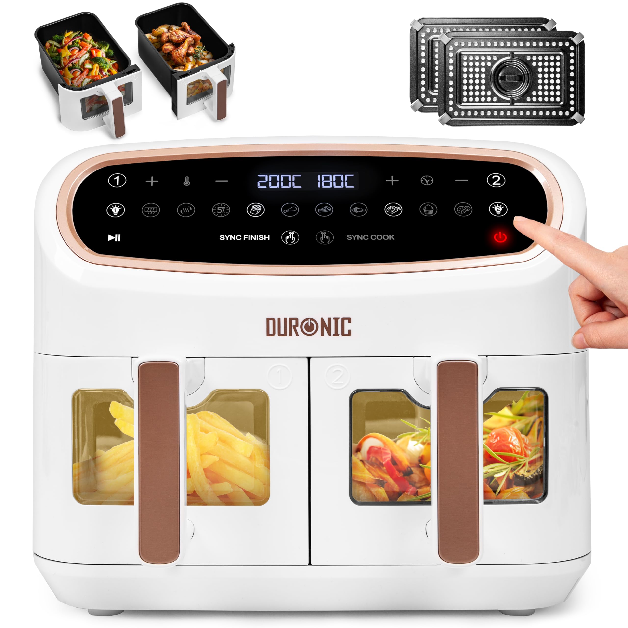Duronic Twin Air Fryer AF24 10L Digital Large Air Fryer Dual Basket Visual Window 2400W Sync Cook Sync Finish 10 Presets Quick Cook Dishwasher Safe Oil-Free Healthy Cooking Family Size Multi Cooker