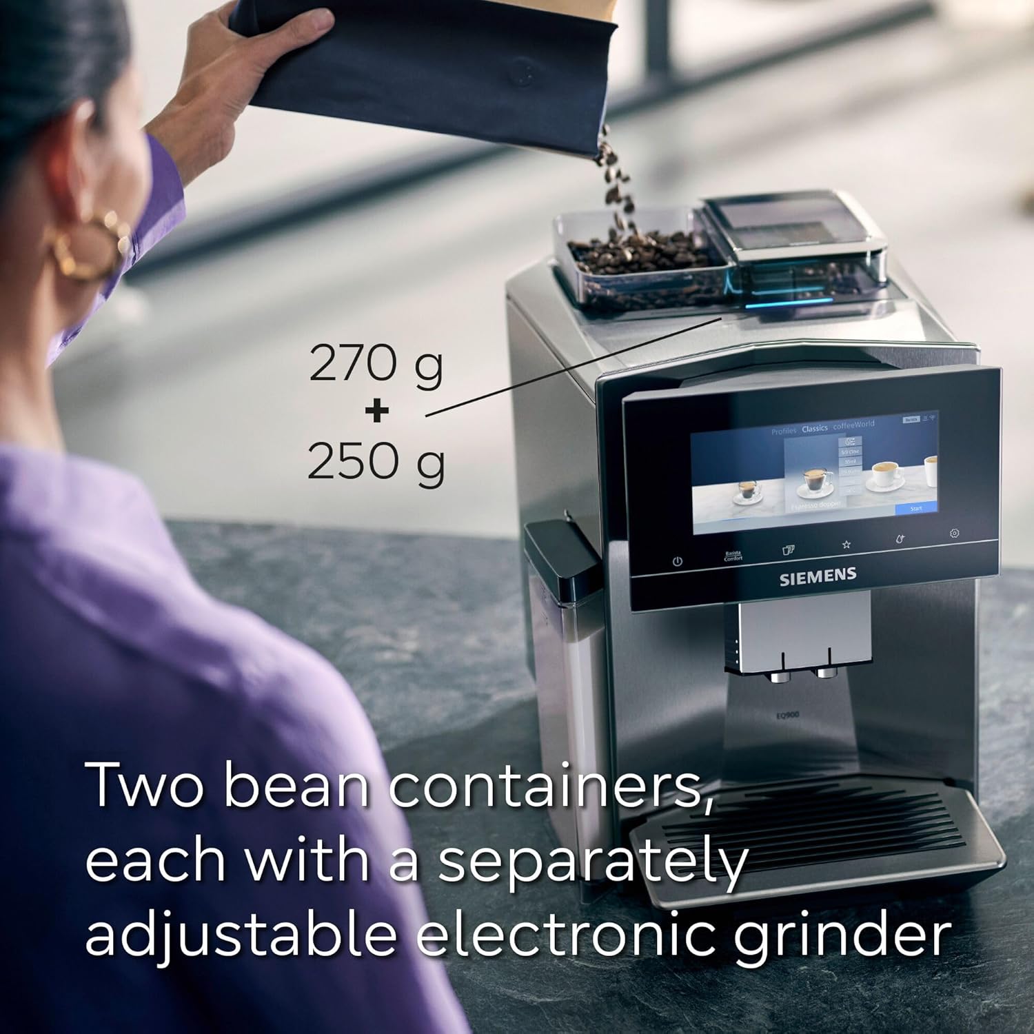 SIEMENS EQ900 Fully Automatic Bean to Cup Coffee Machine, 6.8" Touch Screen Display, Cup Warmer, dualBean System, baristaMode, beanIdent System, 30+ Beverages with Home Connect, TQ907GB3