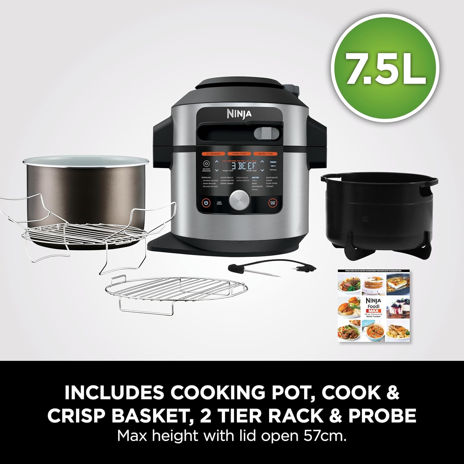 Ninja Foodi MAX 15-in-1 SmartLid Multi-Cooker 7.5L with Digital Probe, Electric Pressure Cooker & Air Fryer, Slow Cook and more, Cooks 6 Portions, Stainless Steel/Black OL750UK