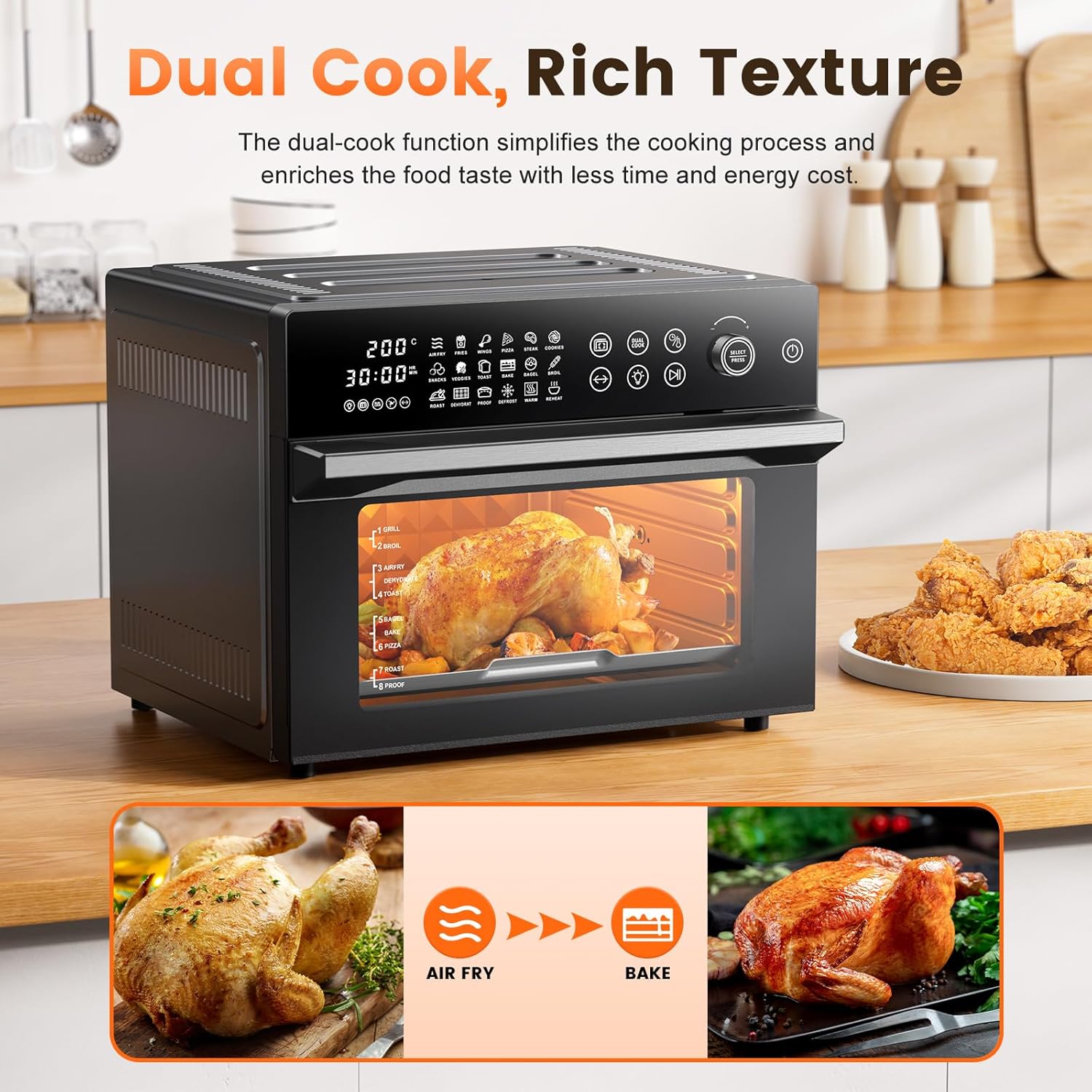 30L Air Fryer Oven, 18 in 1 Presets Dual-Cook Function Air Fryer, 360°Hot Air Circulation Technology/Digital Knob/LED Touch Panel/Timer & Temperature Control, Oil-Less Cooking, 7 Accessories, 1800W