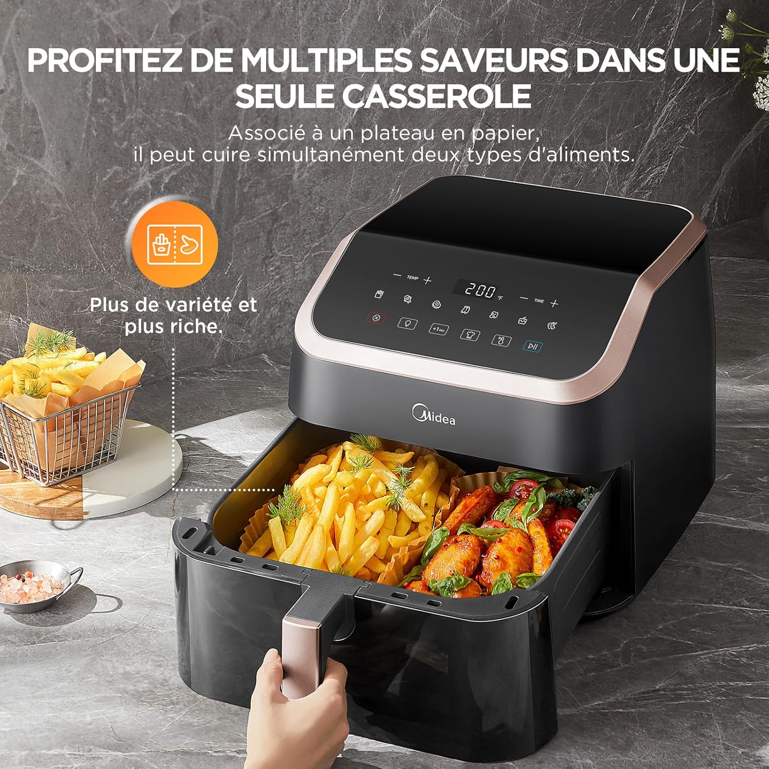 Midea Large Air Fryer with See-Thru Window, 8.5 L, 8-in-1, Heatexpress Rapid Air Technology, Uses No Oil, Max Crisp, Non-Stick, Flexible Heating +1 Minute Button, Dishwasher Safe, Black