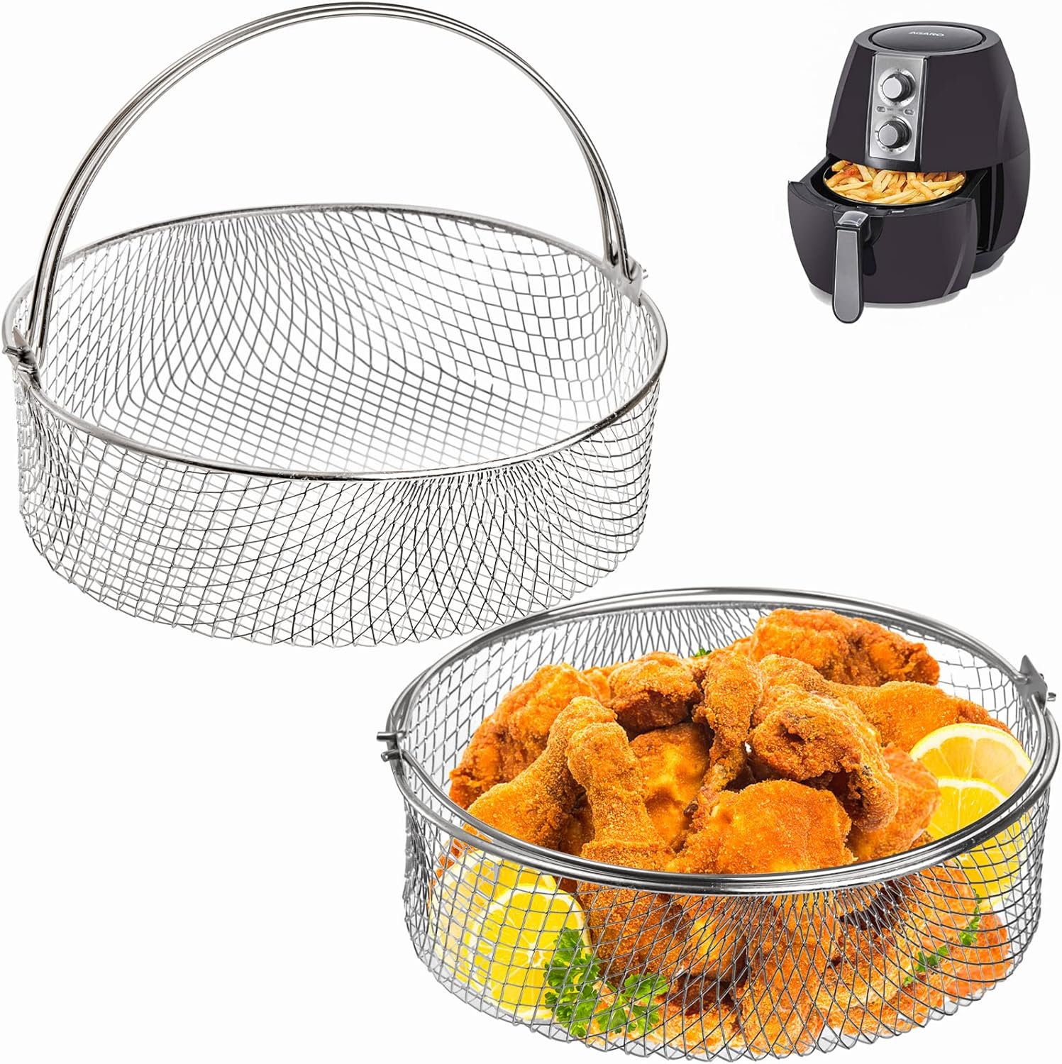 Elsjoy 2 Pack 8 Inch Stainless Steel Air Fryer Basket, Instant Pot, Oven, Steamer Replacement Accessory Mesh Basket with Handle