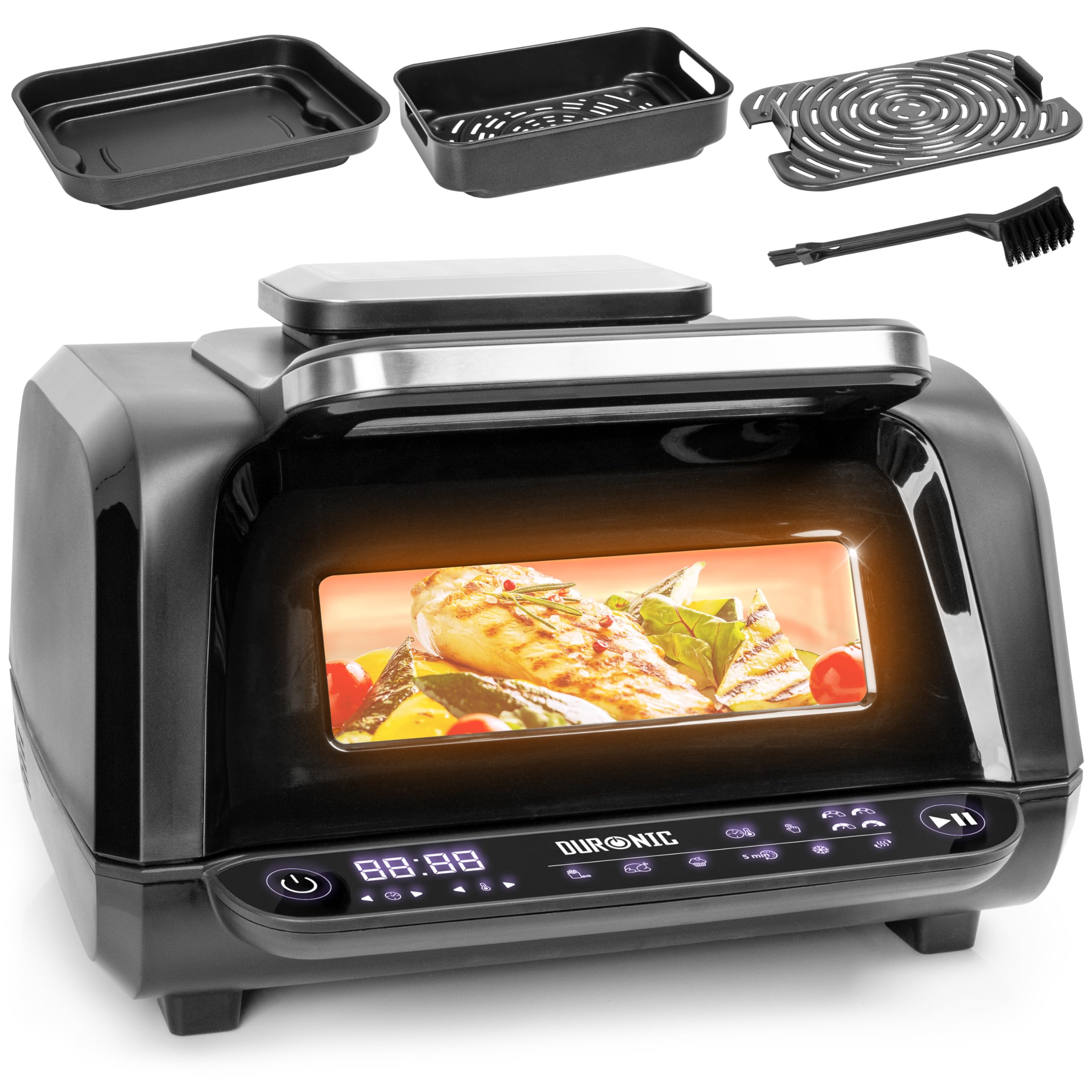 Duronic Twin Air Fryer AF24 10L Digital Large Air Fryer Dual Basket Visual Window 2400W Sync Cook Sync Finish 10 Presets Quick Cook Dishwasher Safe Oil-Free Healthy Cooking Family Size Multi Cooker