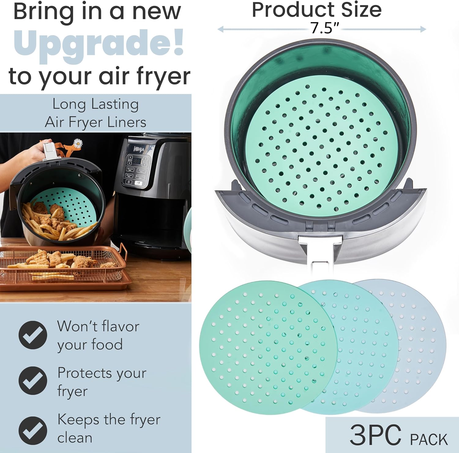 7.5 in round - Reusable Air Fryer Silicone Liners - Pack of 3 Round & Flexible Air Fryer Liner Mats for Ninja AF101 4QT, Non Stick Non Slip & Waterproof Silicone Fryer Tray for Oven