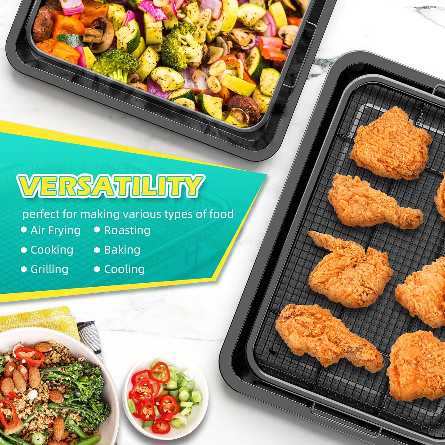 Air Fryer Basket, OPENICE 2 Set Air Fryer Pan and Crisper Tray for Oven, Non-stick Oven Air Fryer Basket for Baking and Crispy Foods - Black