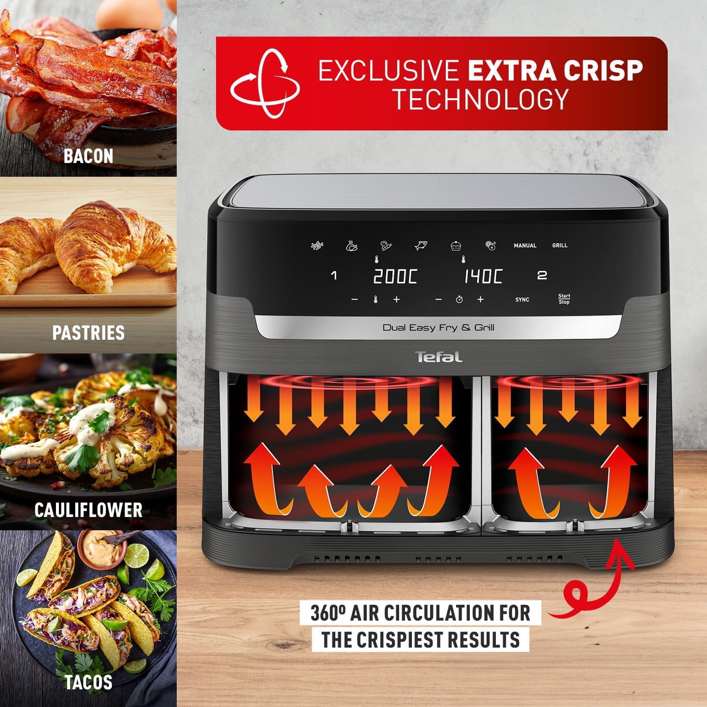 Tefal Easy Fry Dual Zone Digital air fryer, 2 Drawers, 8.3L, 8in1, Uses No Oil, Air Fry, Extra Crisp, Roast, Bake, Reheat, Dehydrate, 6 Portions, Non-Stick, Dishwasher Safe Baskets, Coal Grey EY905B40