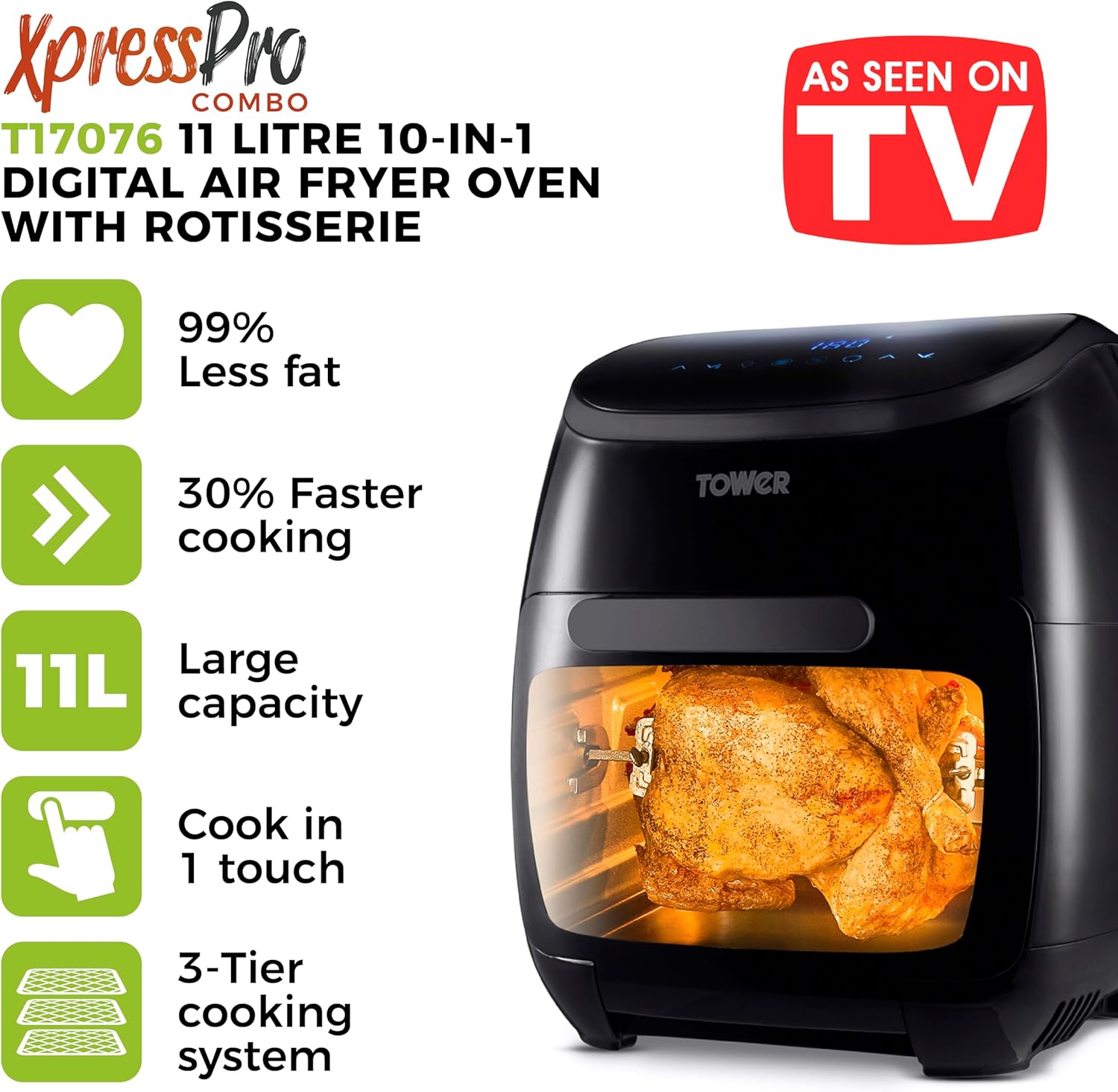 Tower T17076 Xpress Pro Combo 10-in-1 Digital Air Fryer Oven with Rapid Air Circulation, 60-Minute Timer, 11L, 2000W, Black
