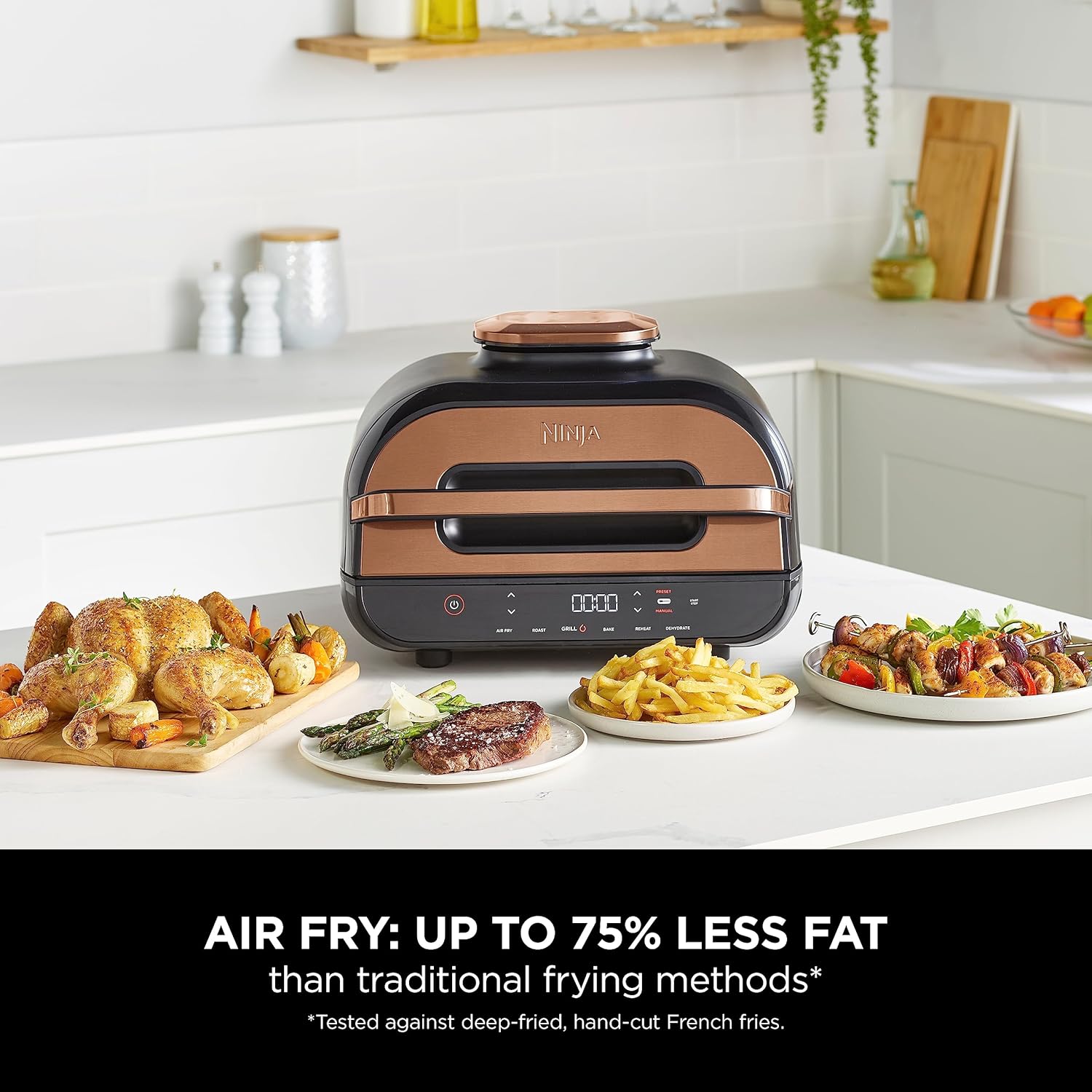 Ninja Foodi MAX Health Grill & Air Fryer 3.8L with Digital Cooking Probe, 6-in-1; Air Fry, Bake, Roast & more, Dishwasher Safe Parts, Large Grill Plate, Copper/Black Amazon Exclusive AG551UKCP