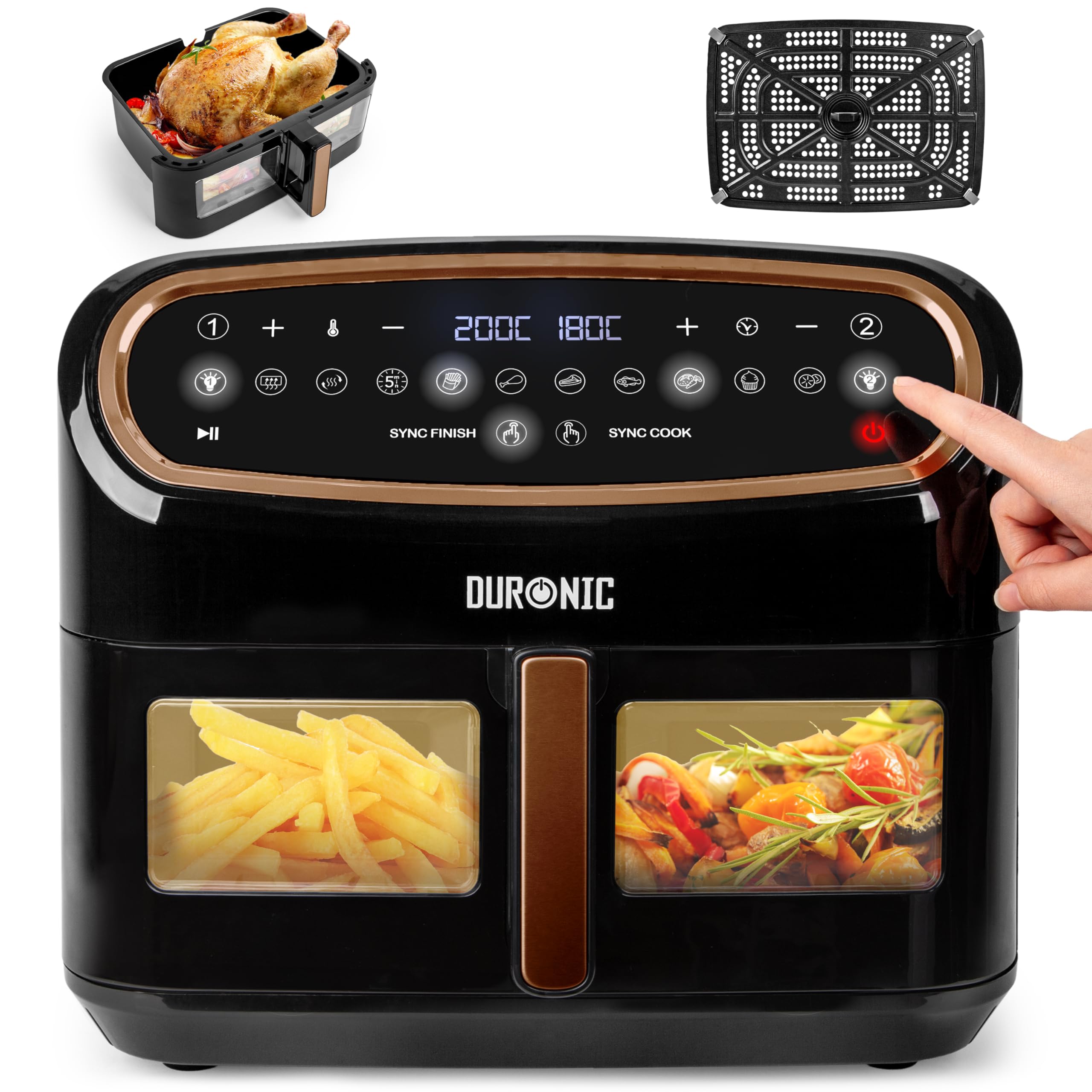 Duronic XXL Air Fryer AF34 WE 10L Digital Family Size Air Fryers Oil Free Triple Drawers 10in1 Dual Zone Extra Large AirFryer for Family Cooking with Dishwasher Safe Non-Stick Baskets White