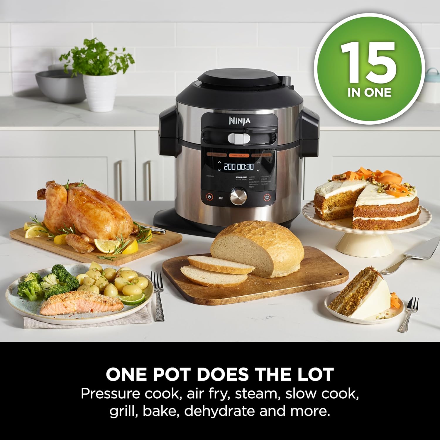 Ninja Foodi MAX 15-in-1 SmartLid Multi-Cooker 7.5L with Digital Probe, Electric Pressure Cooker & Air Fryer, Slow Cook and more, Cooks 6 Portions, Stainless Steel/Black OL750UK