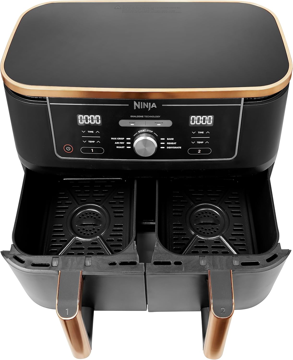 Ninja Foodi MAX Dual Zone Air Fryer, Amazon Exclusive, Tongs, 2 Drawers, 9.5L, 6-in-1, Use No Oil, Air Fry, Max Crisp, Roast, Bake, 8 Portions, Nonstick Dishwasher Safe Baskets, Copper/Black AF400UKCP