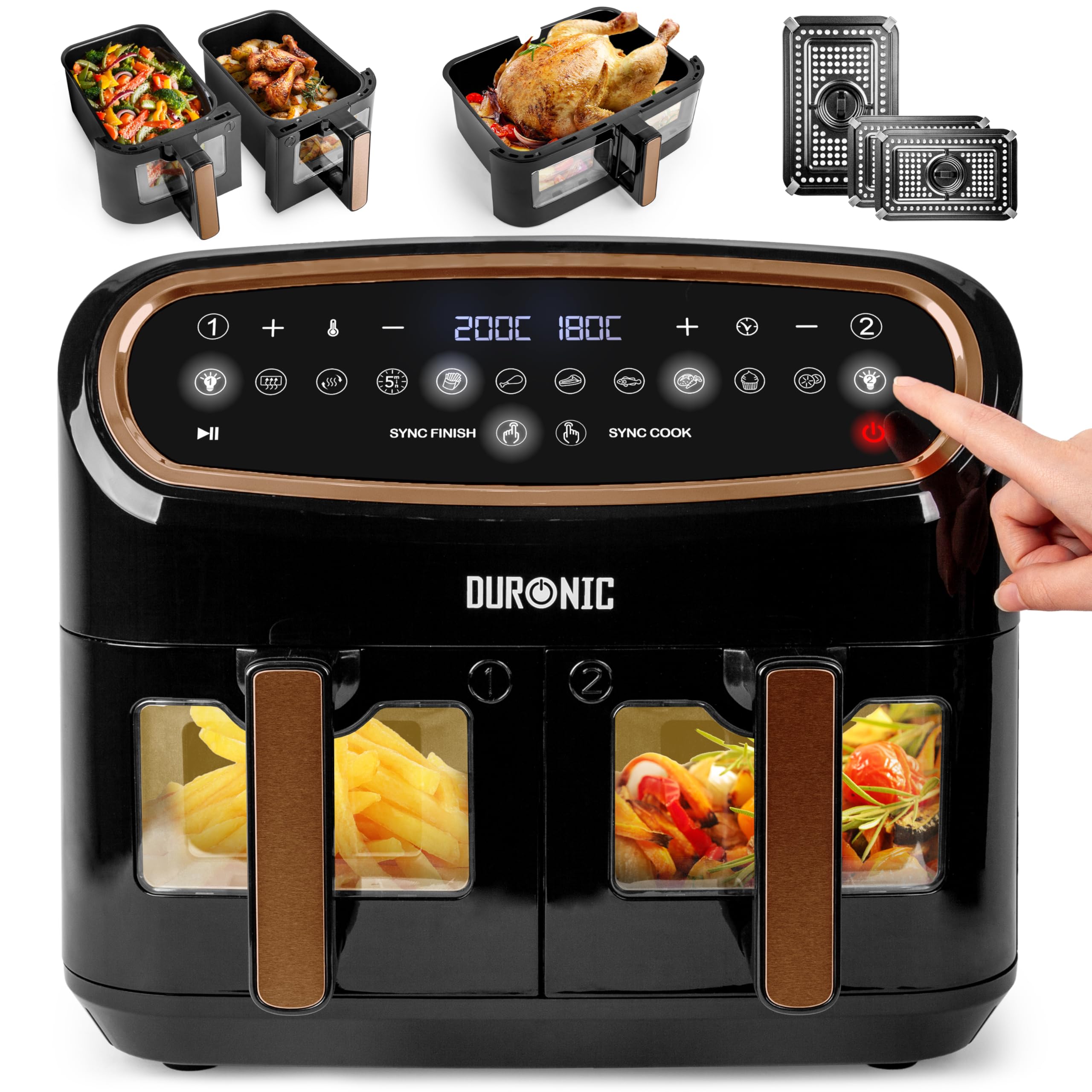 Duronic Twin Air Fryer AF24 10L Digital Large Air Fryer Dual Basket Visual Window 2400W Sync Cook Sync Finish 10 Presets Quick Cook Dishwasher Safe Oil-Free Healthy Cooking Family Size Multi Cooker