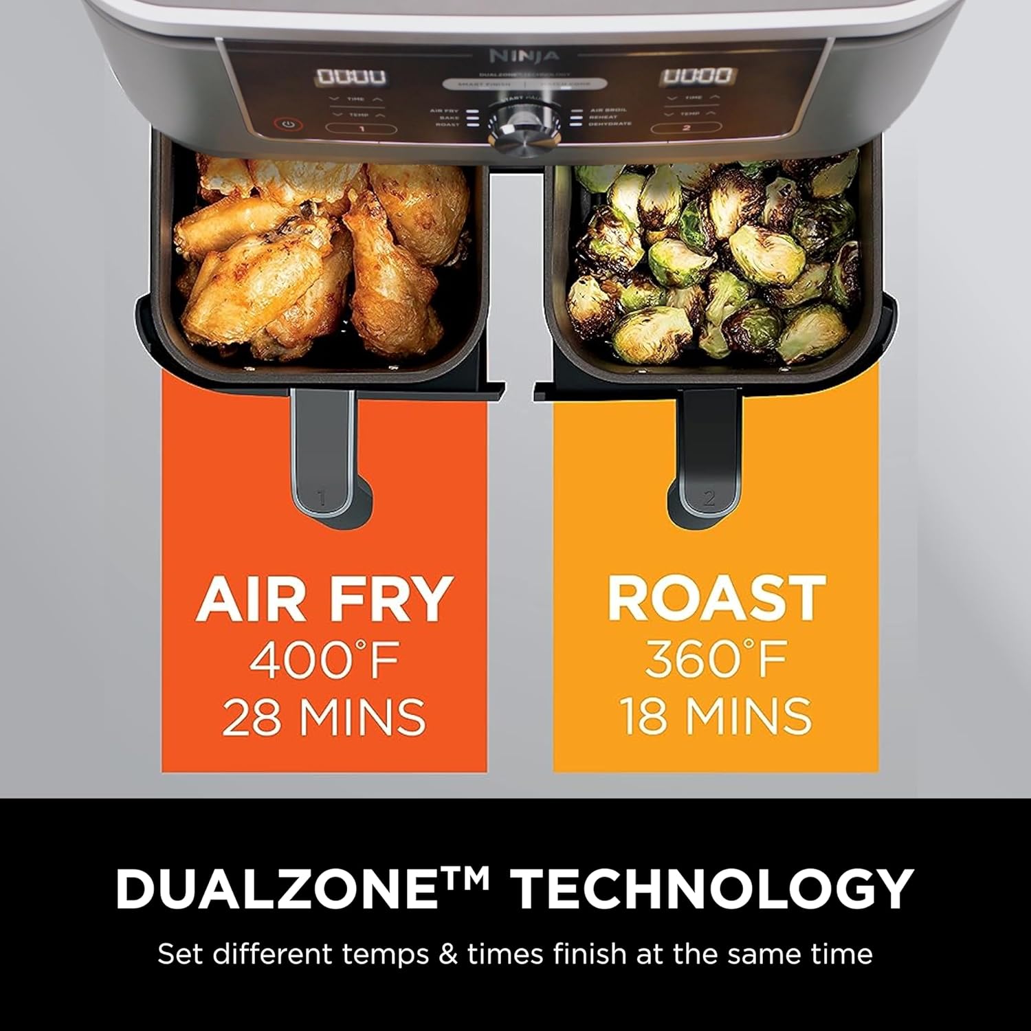 Ninja DZ401 Foodi 10 Quart 6-in-1 DualZone XL 2-Basket Air Fryer with 2 Independent Frying Baskets, Match Cook & Smart Finish to Roast, Broil, Dehydrate & More for Quick, Easy Family-Sized Meals, Grey