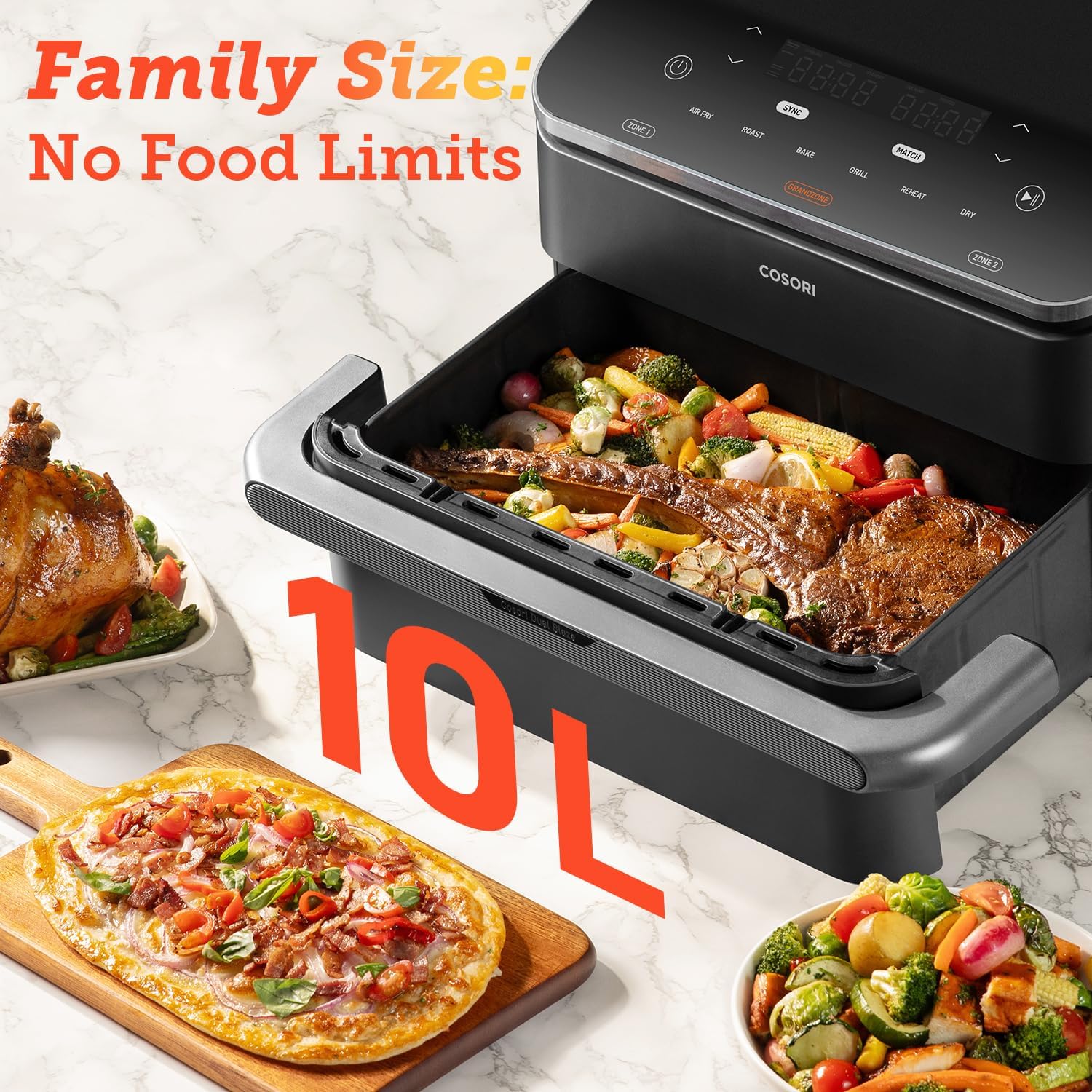 COSORI Dual Air Fryer TwinFry, 10L Flexible Capacity, Single & Double Zone Convertible, 4 Fast Heaters, Dual Blaze Tech with 8-in-1, Smart Air Fry, Roast, Bake, Dry, Energy Save, 70 App Recipes