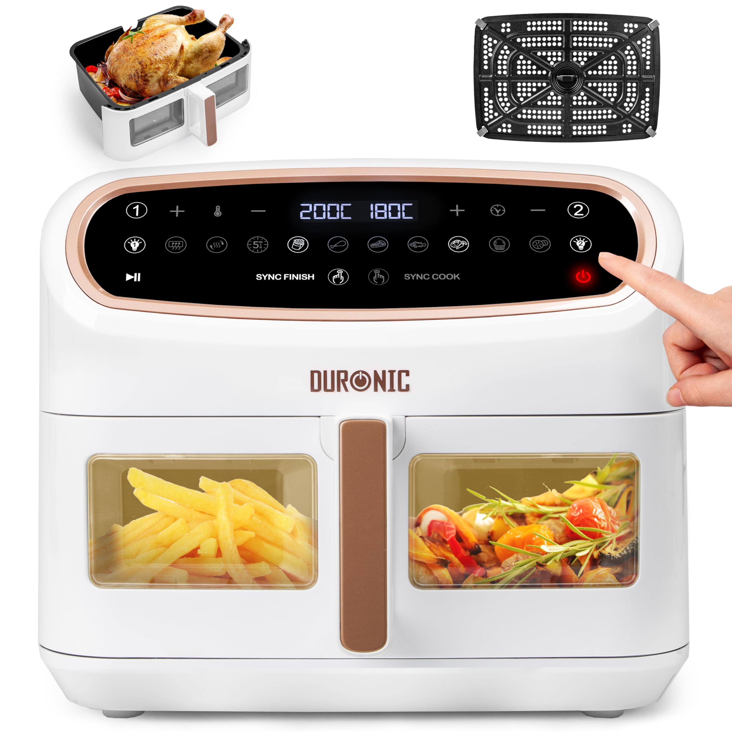 Duronic Twin Air Fryer AF24 10L Digital Large Air Fryer Dual Basket Visual Window 2400W Sync Cook Sync Finish 10 Presets Quick Cook Dishwasher Safe Oil-Free Healthy Cooking Family Size Multi Cooker