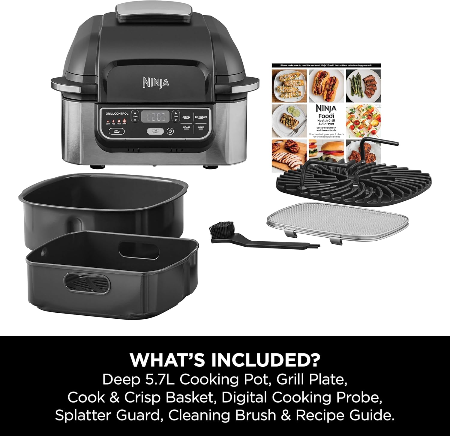 Ninja Foodi Health Grill & Air Fryer 5.7L with Cyclonic Air Technology, 5-in-1, Air Fry, Grill, Bake, Roast, Dehydrate, Dishwasher Safe Parts, Cleaning Brush, Black/Silver AG301UK
