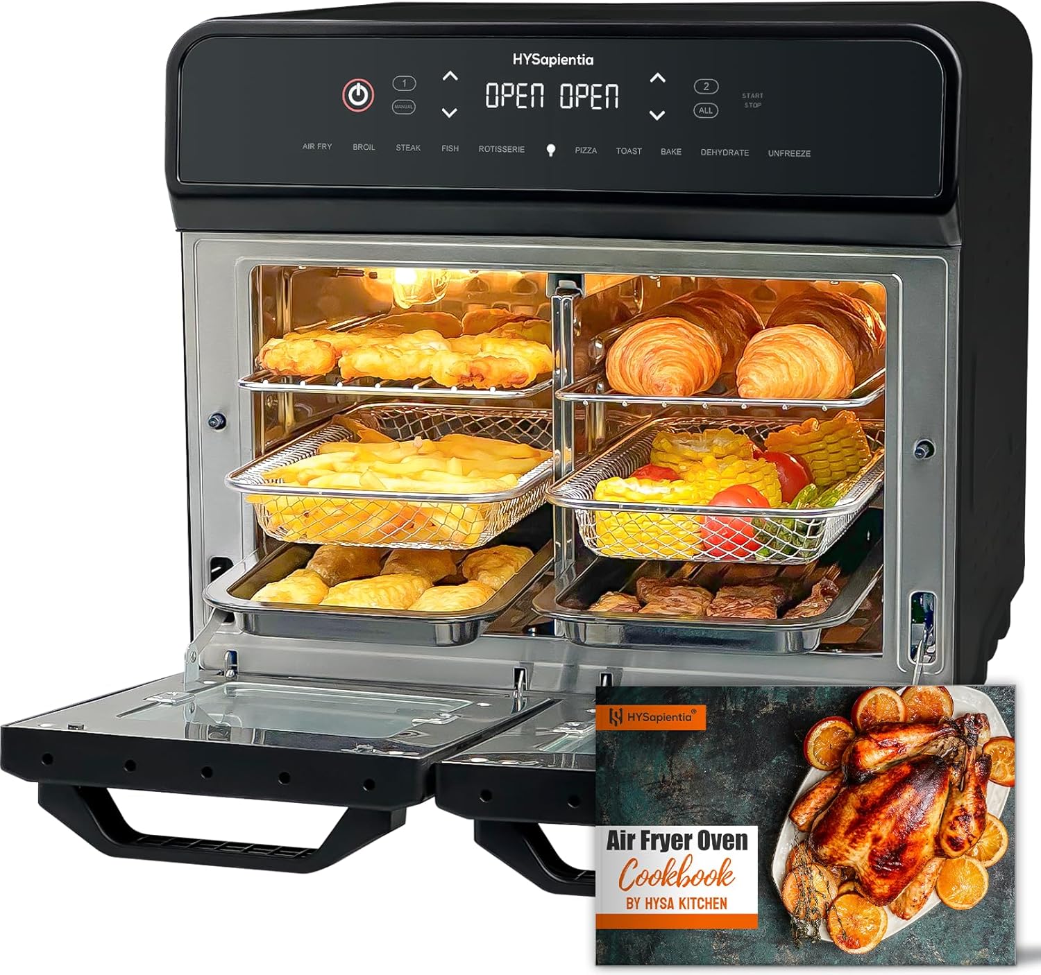 HYSapientia® 22L Dual Zone Air Fryer Oven With Rotisserie,Large Double Air fryers Mini Oven Digital 2400W 10 in 1 Airfryer Countertop Convection Oven electric and grill,Stainless Steel,13 Accessories…