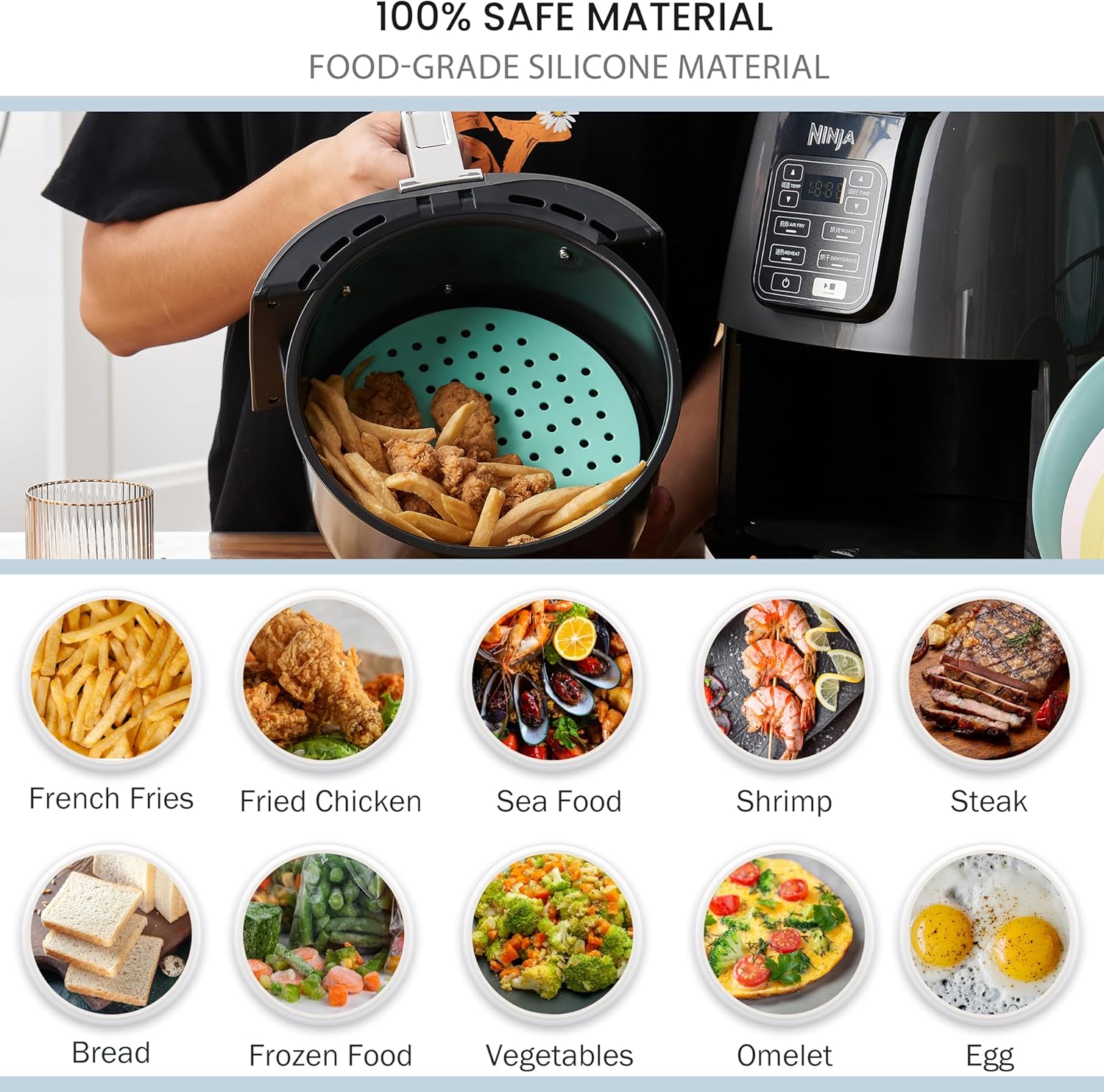 7.5 in round - Reusable Air Fryer Silicone Liners - Pack of 3 Round & Flexible Air Fryer Liner Mats for Ninja AF101 4QT, Non Stick Non Slip & Waterproof Silicone Fryer Tray for Oven