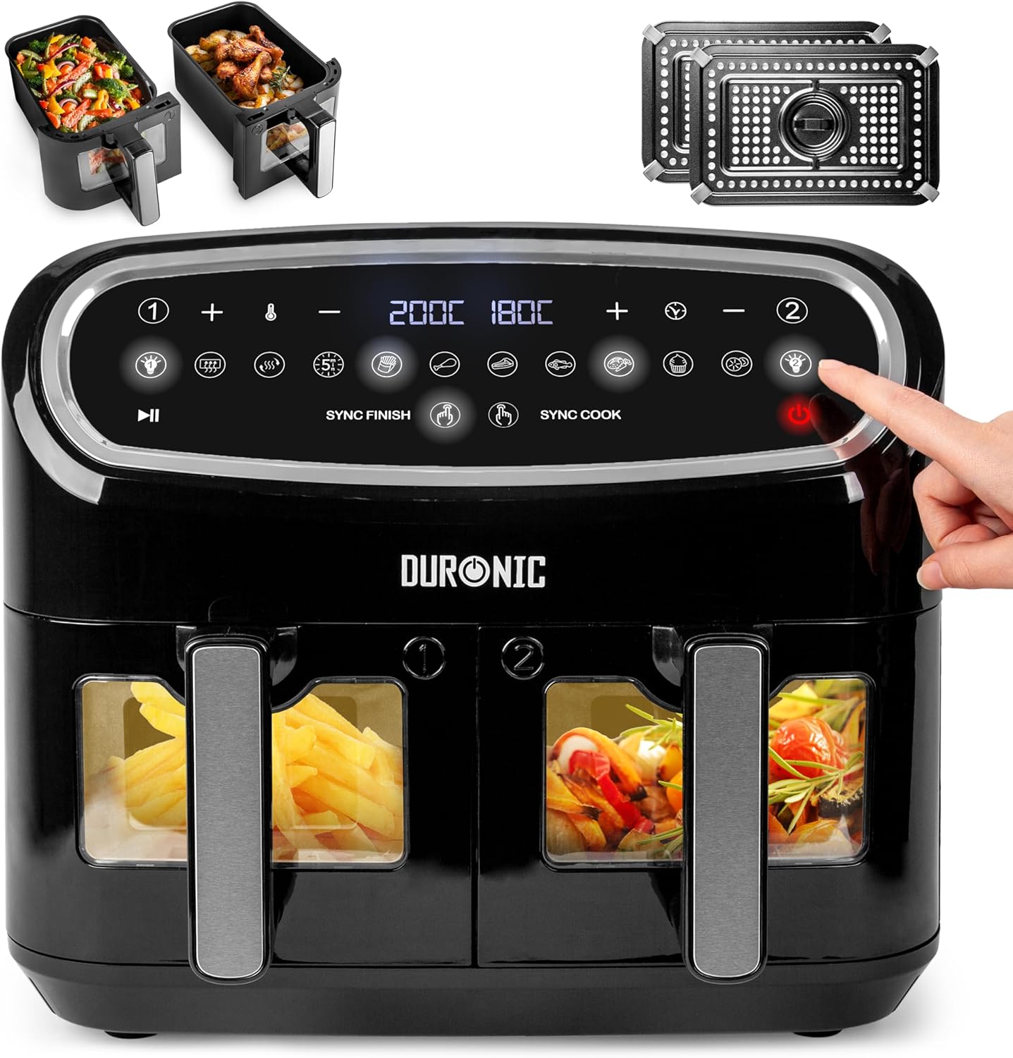 Duronic Twin Air Fryer AF24 10L Digital Large Air Fryer Dual Basket Visual Window 2400W Sync Cook Sync Finish 10 Presets Quick Cook Dishwasher Safe Oil-Free Healthy Cooking Family Size Multi Cooker