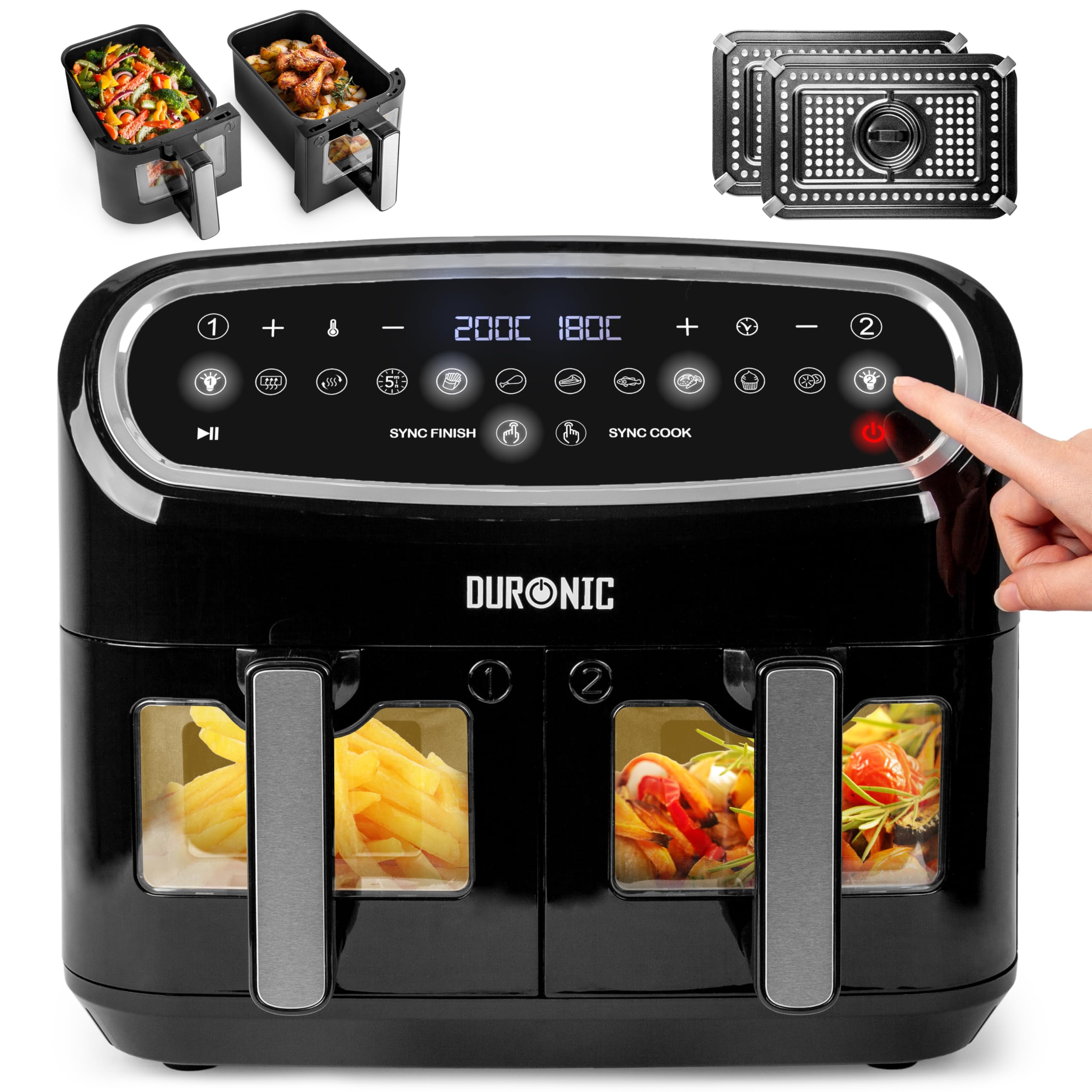 Duronic XXL Air Fryer AF34 WE 10L Digital Family Size Air Fryers Oil Free Triple Drawers 10in1 Dual Zone Extra Large AirFryer for Family Cooking with Dishwasher Safe Non-Stick Baskets White