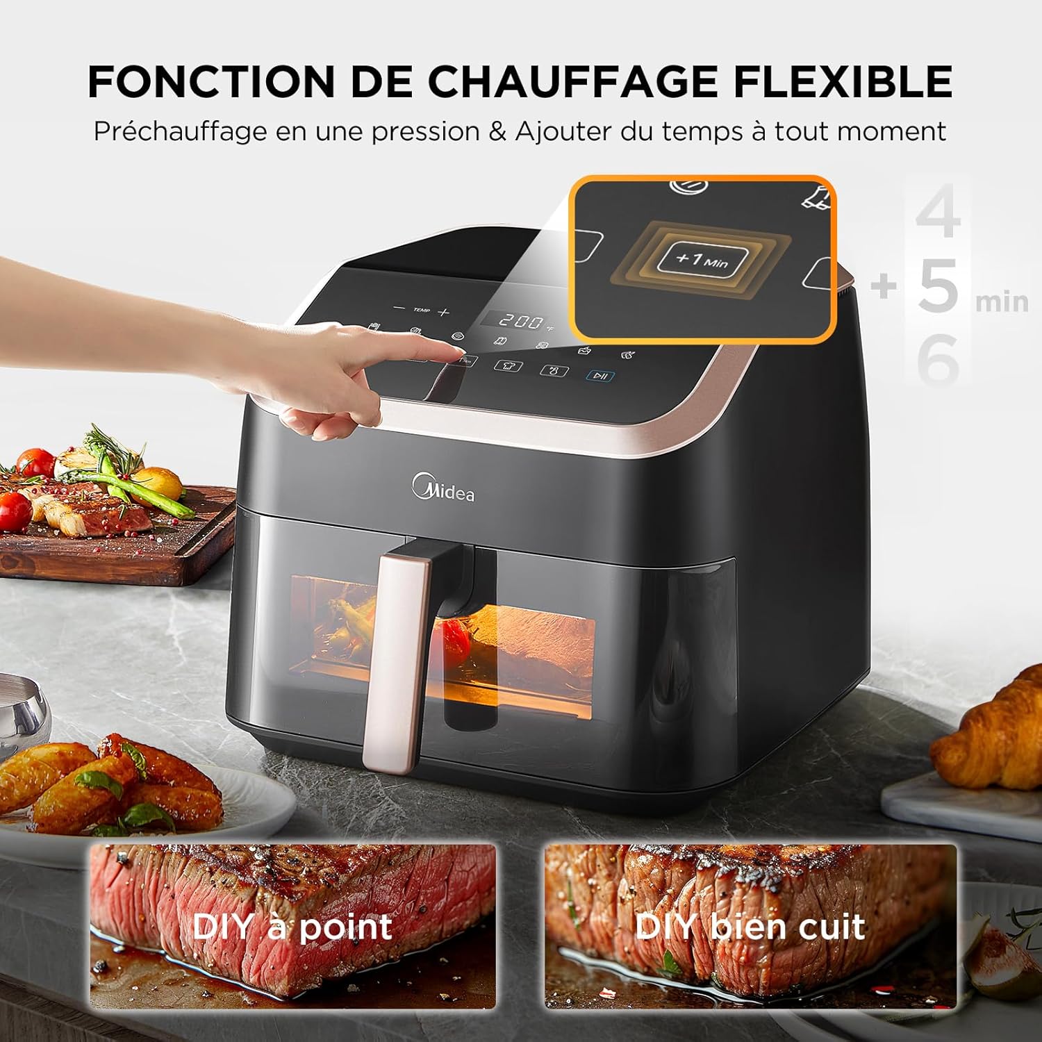 Midea Large Air Fryer with See-Thru Window, 8.5 L, 8-in-1, Heatexpress Rapid Air Technology, Uses No Oil, Max Crisp, Non-Stick, Flexible Heating +1 Minute Button, Dishwasher Safe, Black