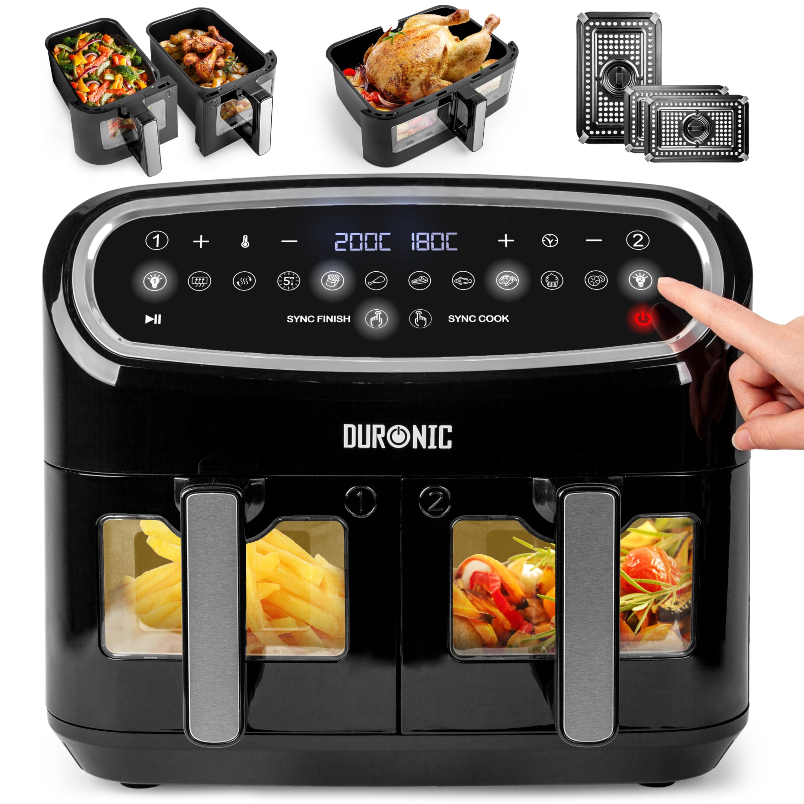 Duronic Twin Air Fryer AF24 10L Digital Large Air Fryer Dual Basket Visual Window 2400W Sync Cook Sync Finish 10 Presets Quick Cook Dishwasher Safe Oil-Free Healthy Cooking Family Size Multi Cooker