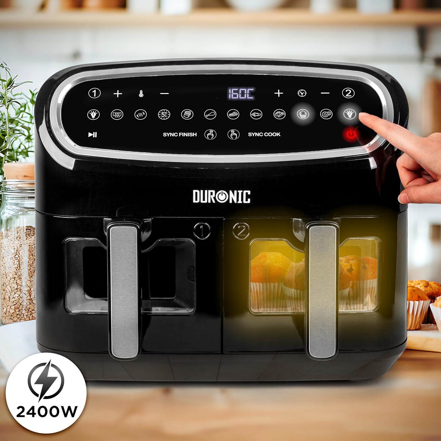 Duronic Twin Air Fryer AF24 10L Digital Large Air Fryer Dual Basket Visual Window 2400W Sync Cook Sync Finish 10 Presets Quick Cook Dishwasher Safe Oil-Free Healthy Cooking Family Size Multi Cooker