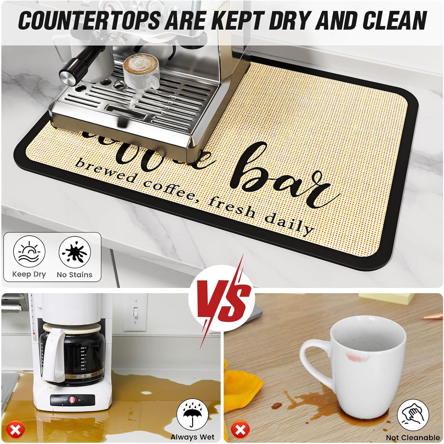 DK177 Coffee Bar Mat - Hide Stain Absorbent Drying Mat with Waterproof Rubber Backing - Fit Under Coffee Maker, Machine, Pot or Espresso Machine (19''X12'')