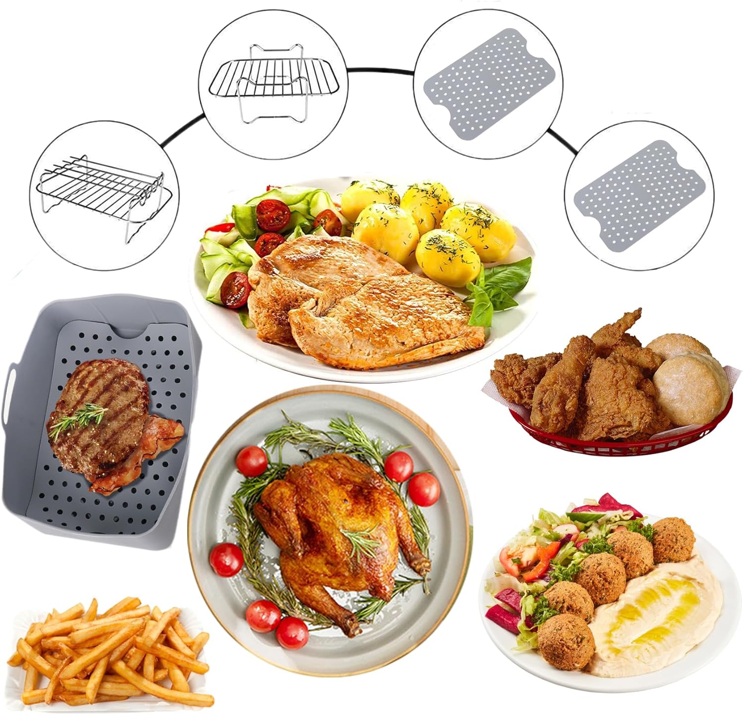 Air Fryer Rack for Ninja Dual 2 Basket Air Fryer 10 QT DZ401 & 8 QT DZ201, Racks for Dual Zone Air Fryer, Reusable Silicone Liner Sheets for Double Basket, 4pcs Kitchen Accessory Set
