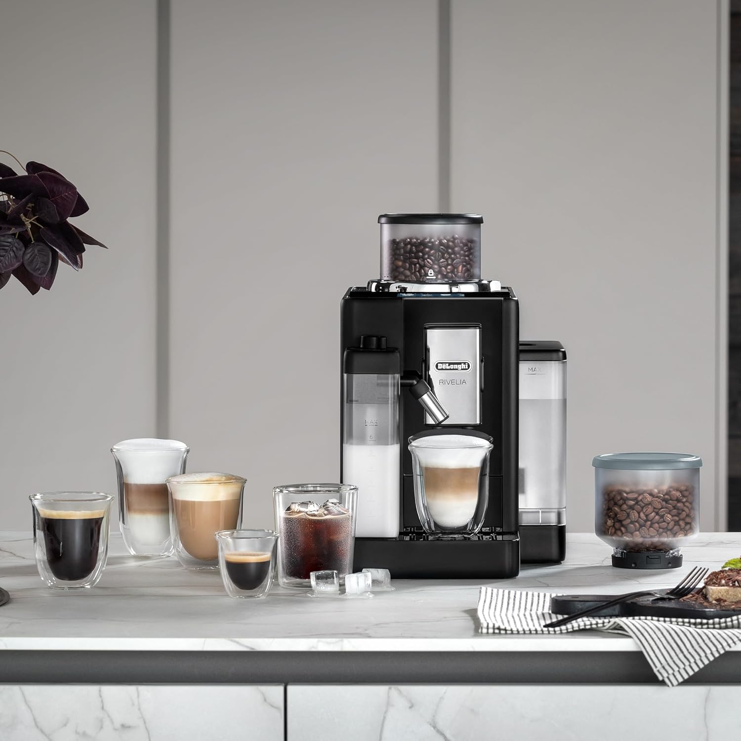 De'Longhi Rivelia EXAM440.55.B, Fully Automatic Coffee Machine with LatteCrema Hot, Automatic Milk Frother, Compact Size Bean to Cup Coffee Machine, 16 Recipes, Full Touch Colored Display, Black