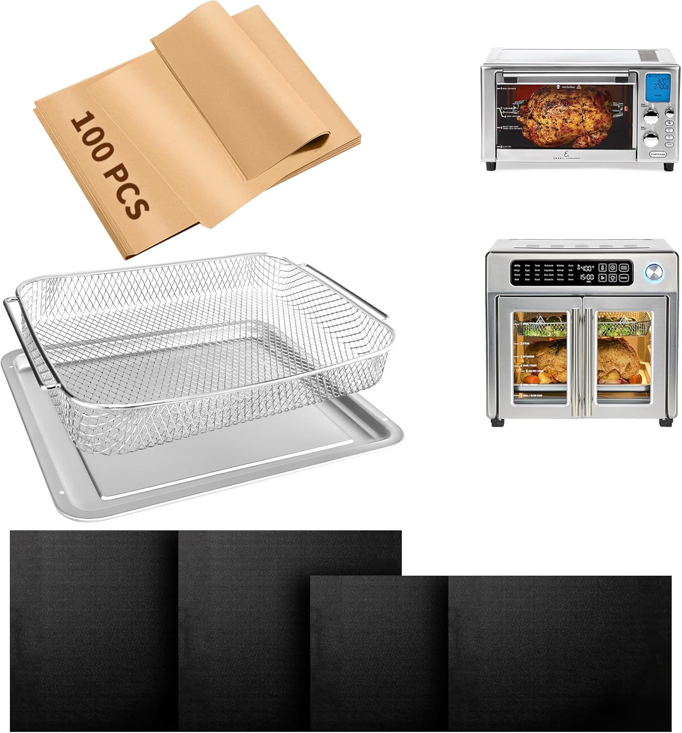 SIUDANGKA Emeril Lagasse 26 Qt Extra Large Air Fryer Accessories Baking Pans Set with Air Fryer Basket, Parchment Paper, Teflon Mats, Large Non-stick Metal Bakeware