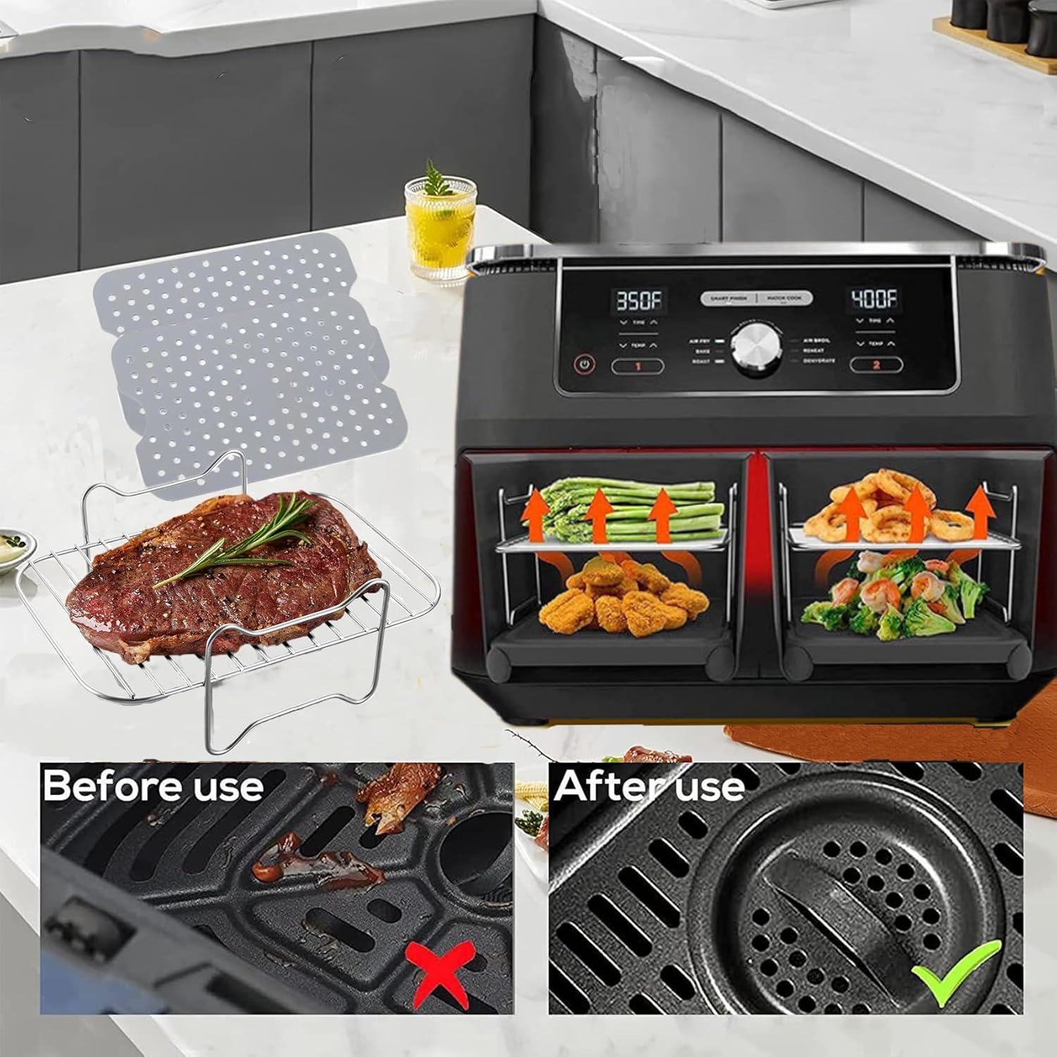 Air Fryer Rack for Ninja Dual 2 Basket Air Fryer 10 QT DZ401 & 8 QT DZ201, Racks for Dual Zone Air Fryer, Reusable Silicone Liner Sheets for Double Basket, 4pcs Kitchen Accessory Set