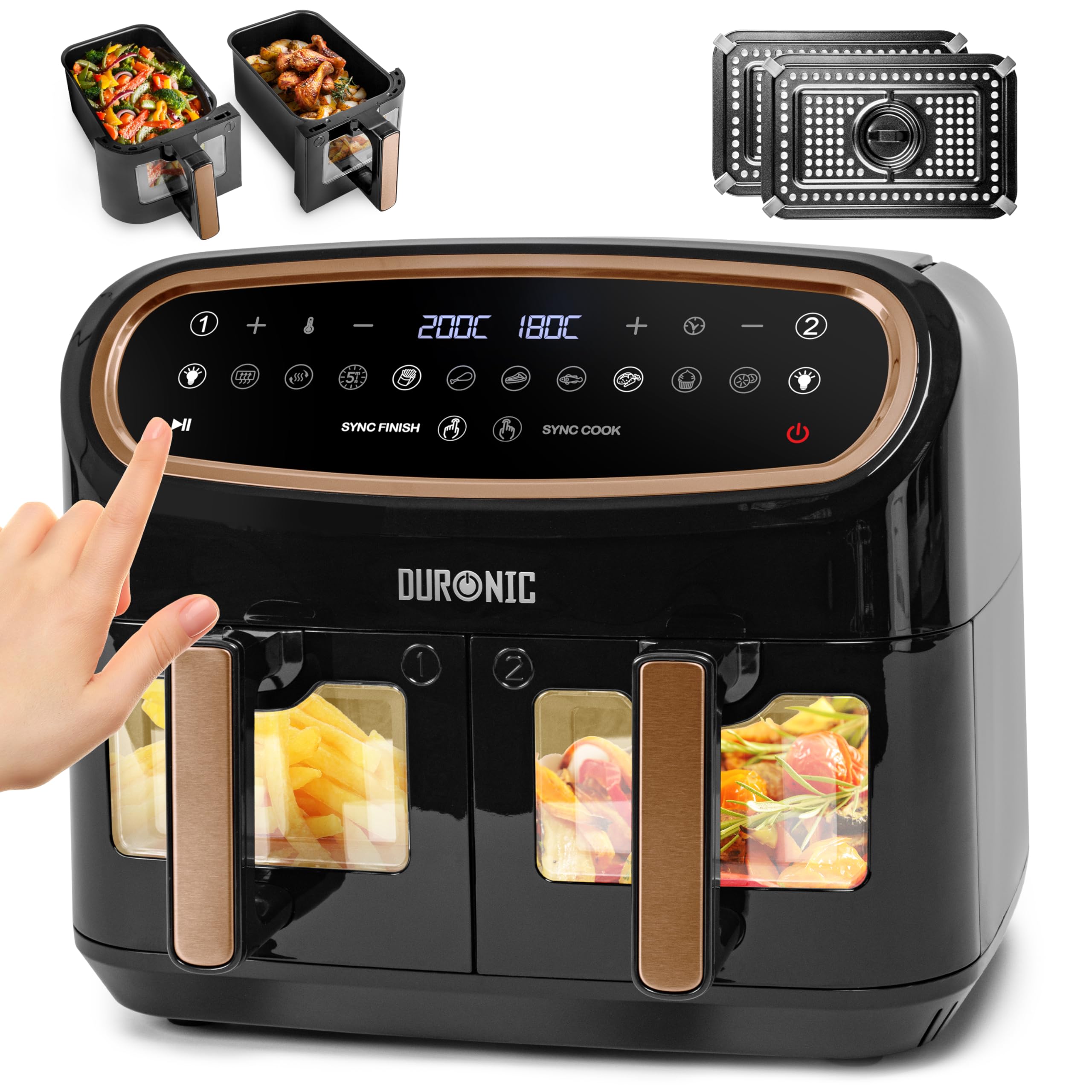 Duronic Twin Air Fryer AF24 10L Digital Large Air Fryer Dual Basket Visual Window 2400W Sync Cook Sync Finish 10 Presets Quick Cook Dishwasher Safe Oil-Free Healthy Cooking Family Size Multi Cooker