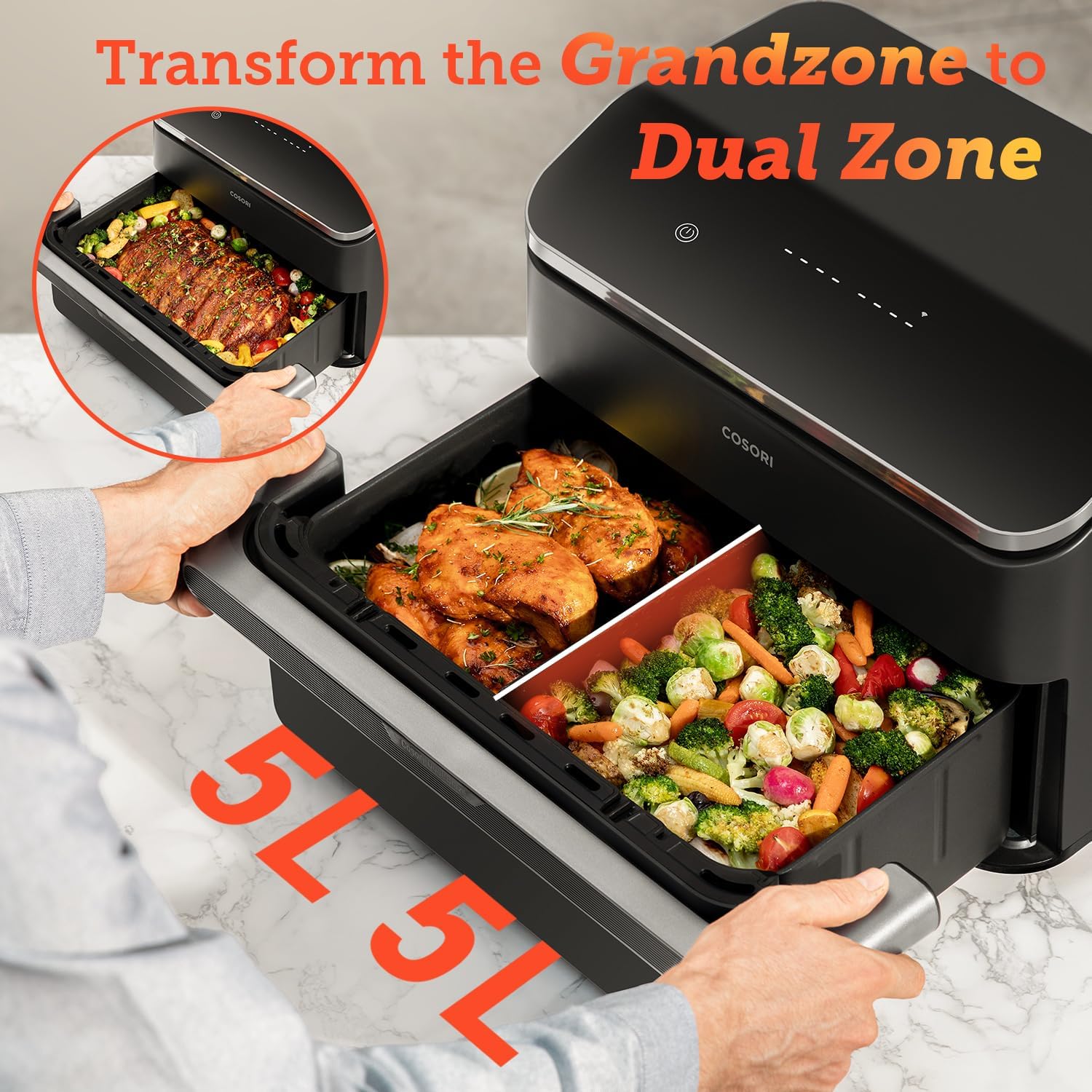 COSORI Dual Air Fryer TwinFry, 10L Flexible Capacity, Single & Double Zone Convertible, 4 Fast Heaters, Dual Blaze Tech with 8-in-1, Smart Air Fry, Roast, Bake, Dry, Energy Save, 70 App Recipes