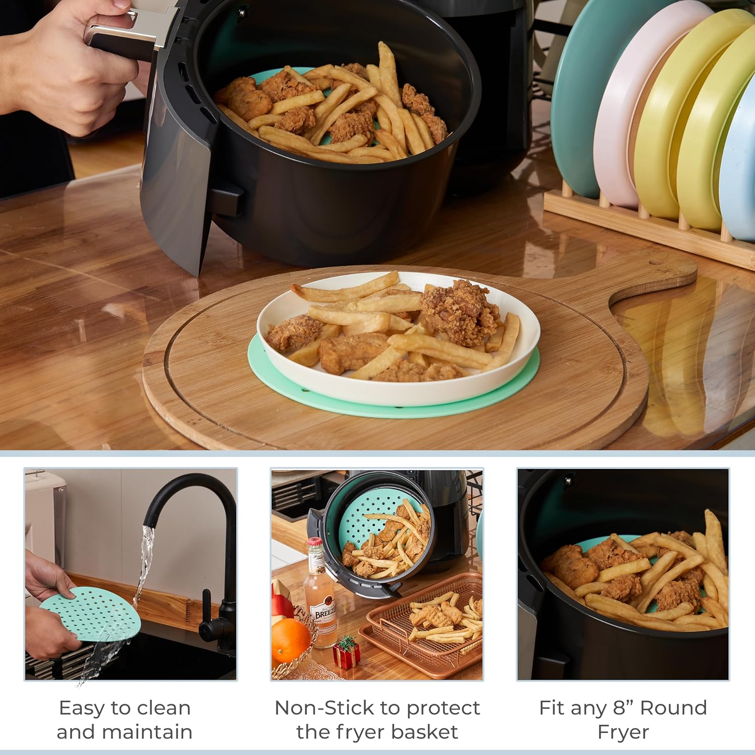 7.5 in round - Reusable Air Fryer Silicone Liners - Pack of 3 Round & Flexible Air Fryer Liner Mats for Ninja AF101 4QT, Non Stick Non Slip & Waterproof Silicone Fryer Tray for Oven