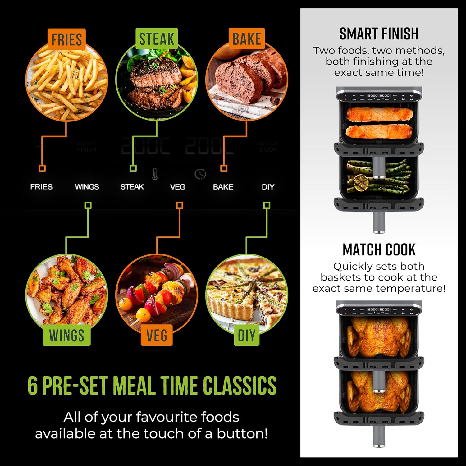 Tower T17190GRP Vortx XL Dual Stack Air Fryer with Digital Control Panel, Space Saving Design, 6 Preset Cooking Modes, Match Cook & Smart Finish Functions, 2460W, 11L, Graphite with Chrome Trim