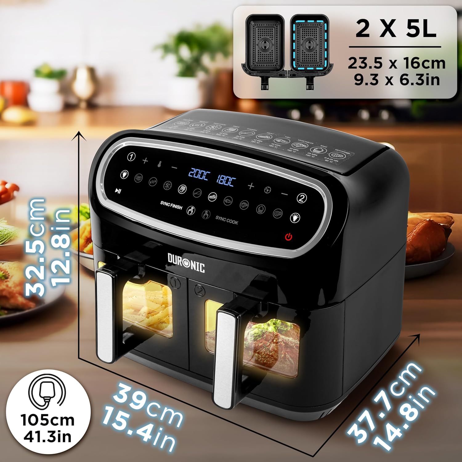 Duronic Twin Air Fryer AF24 10L Digital Large Air Fryer Dual Basket Visual Window 2400W Sync Cook Sync Finish 10 Presets Quick Cook Dishwasher Safe Oil-Free Healthy Cooking Family Size Multi Cooker