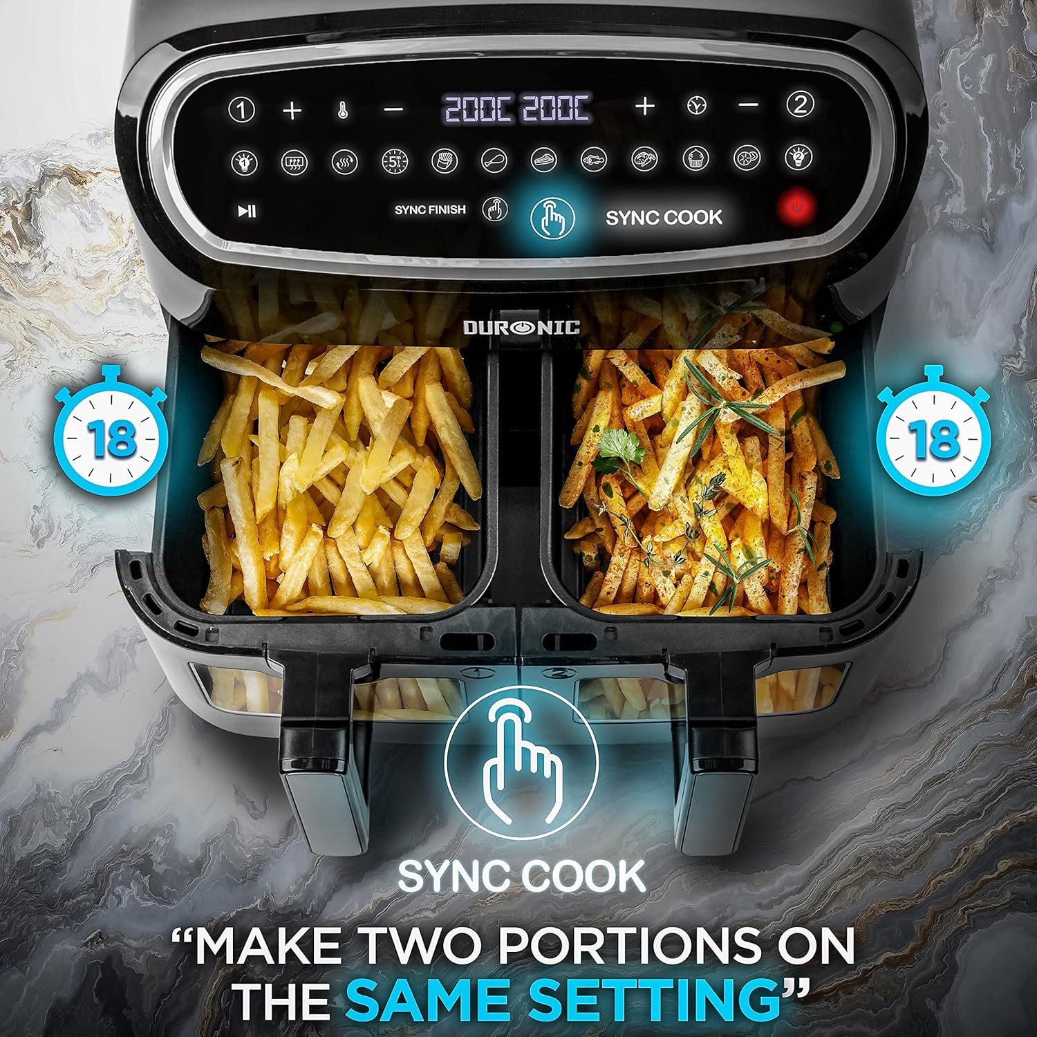 Duronic Twin Air Fryer AF24 10L Digital Large Air Fryer Dual Basket Visual Window 2400W Sync Cook Sync Finish 10 Presets Quick Cook Dishwasher Safe Oil-Free Healthy Cooking Family Size Multi Cooker