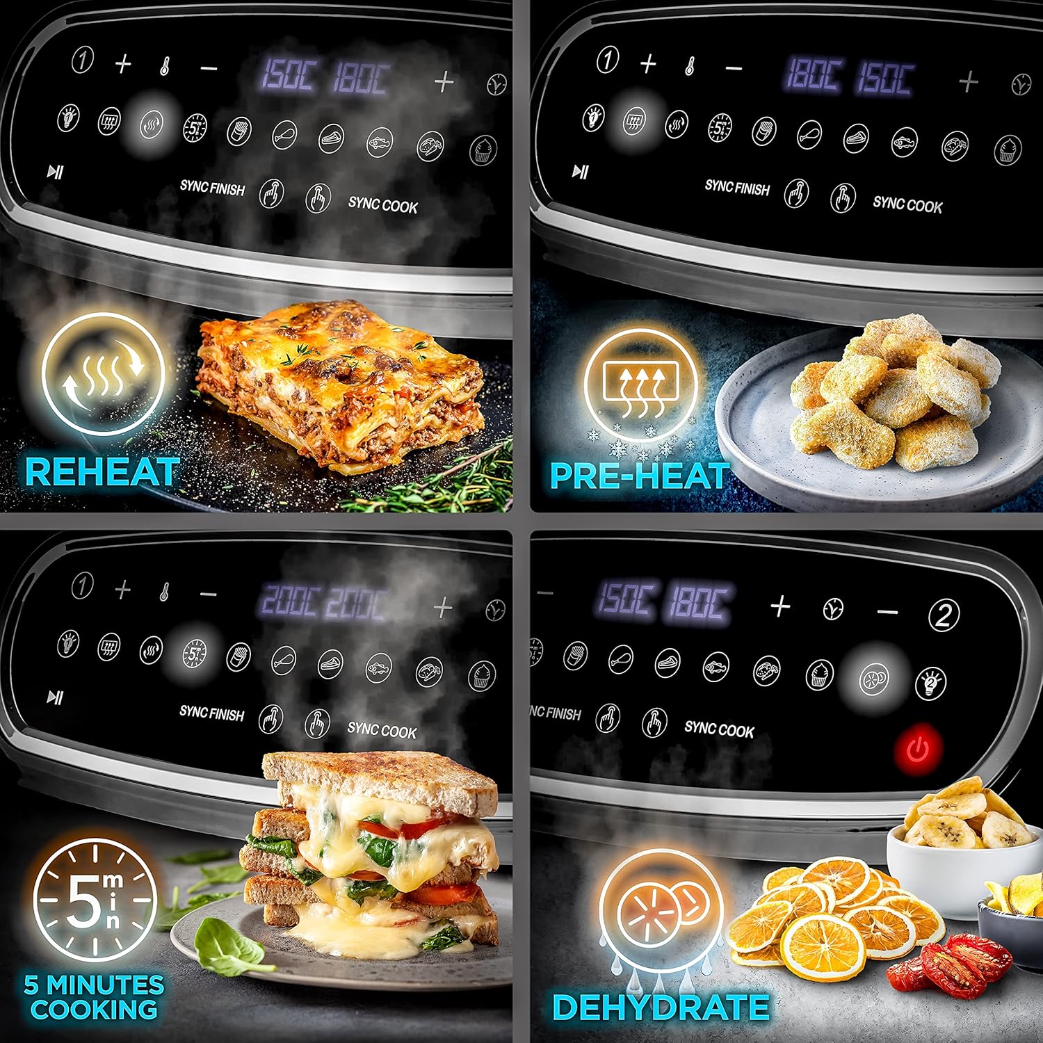 Duronic Twin Air Fryer AF24 10L Digital Large Air Fryer Dual Basket Visual Window 2400W Sync Cook Sync Finish 10 Presets Quick Cook Dishwasher Safe Oil-Free Healthy Cooking Family Size Multi Cooker