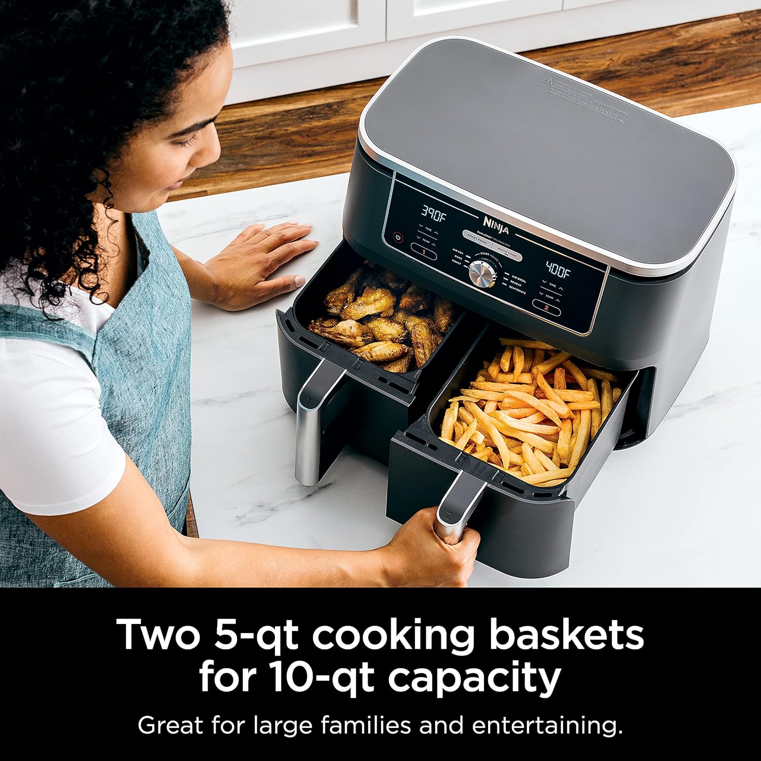 Ninja DZ401 Foodi 10 Quart 6-in-1 DualZone XL 2-Basket Air Fryer with 2 Independent Frying Baskets, Match Cook & Smart Finish to Roast, Broil, Dehydrate & More for Quick, Easy Family-Sized Meals, Grey