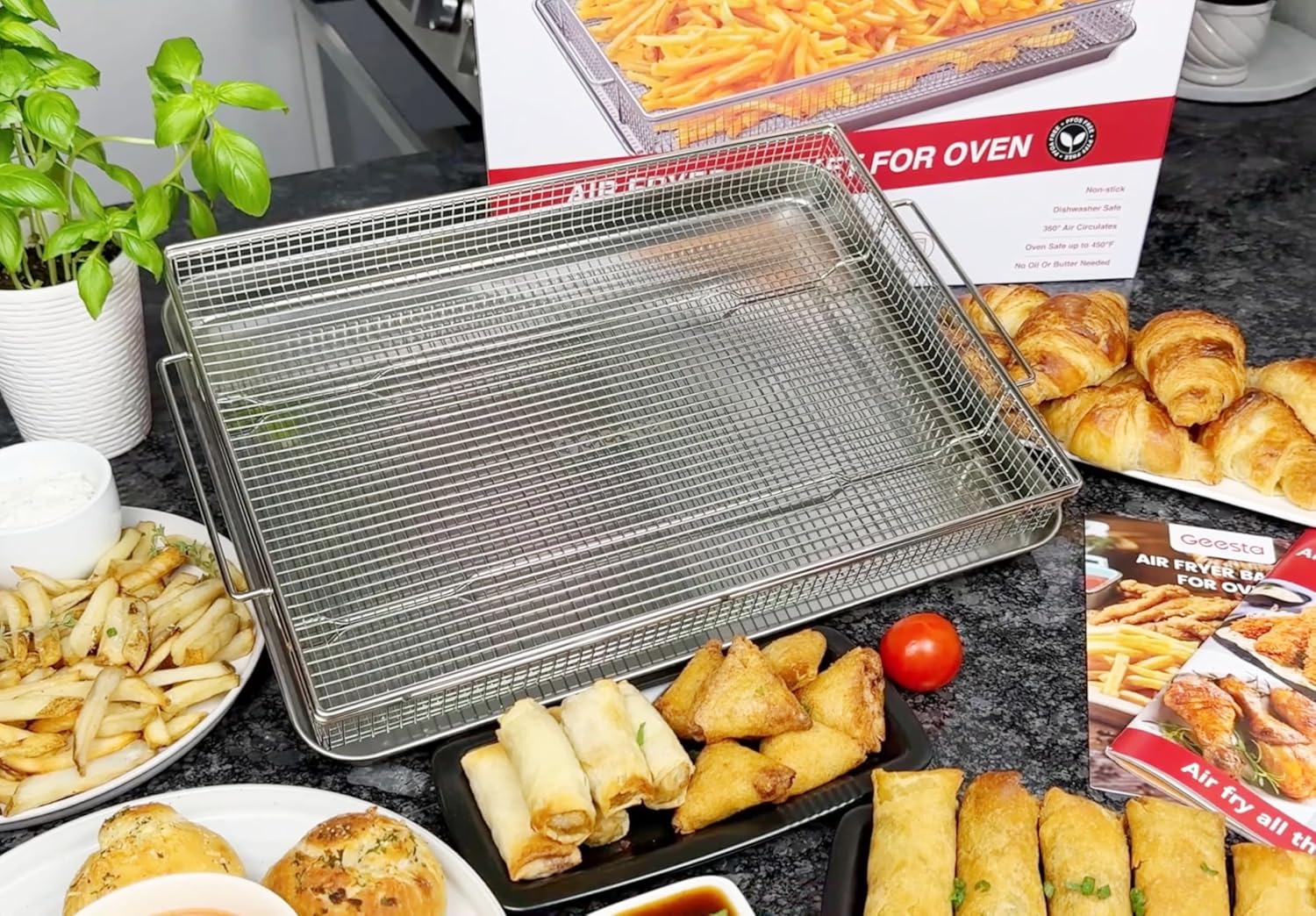 Air Fryer Basket for Oven with 50 Recipes, Extra Large 2 Piece Nonstick Crisper Tray & Basket, Stainless Steel Air Fryer Accessories for Crispy Foods Healthy Cooking, Dishwasher Safe, 16.5” x 12.5”