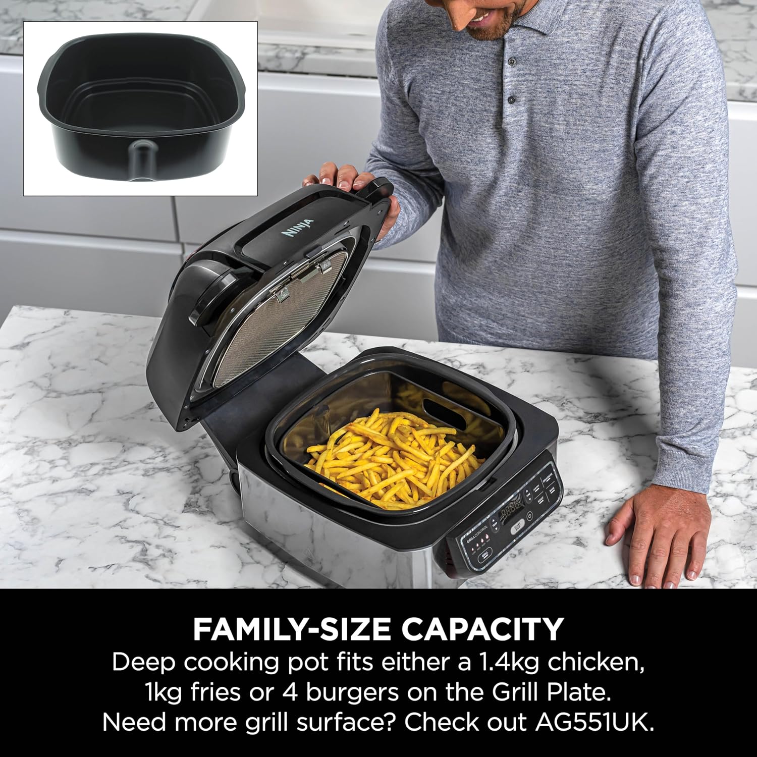 Ninja Foodi Health Grill & Air Fryer 5.7L with Cyclonic Air Technology, 5-in-1, Air Fry, Grill, Bake, Roast, Dehydrate, Dishwasher Safe Parts, Cleaning Brush, Black/Silver AG301UK
