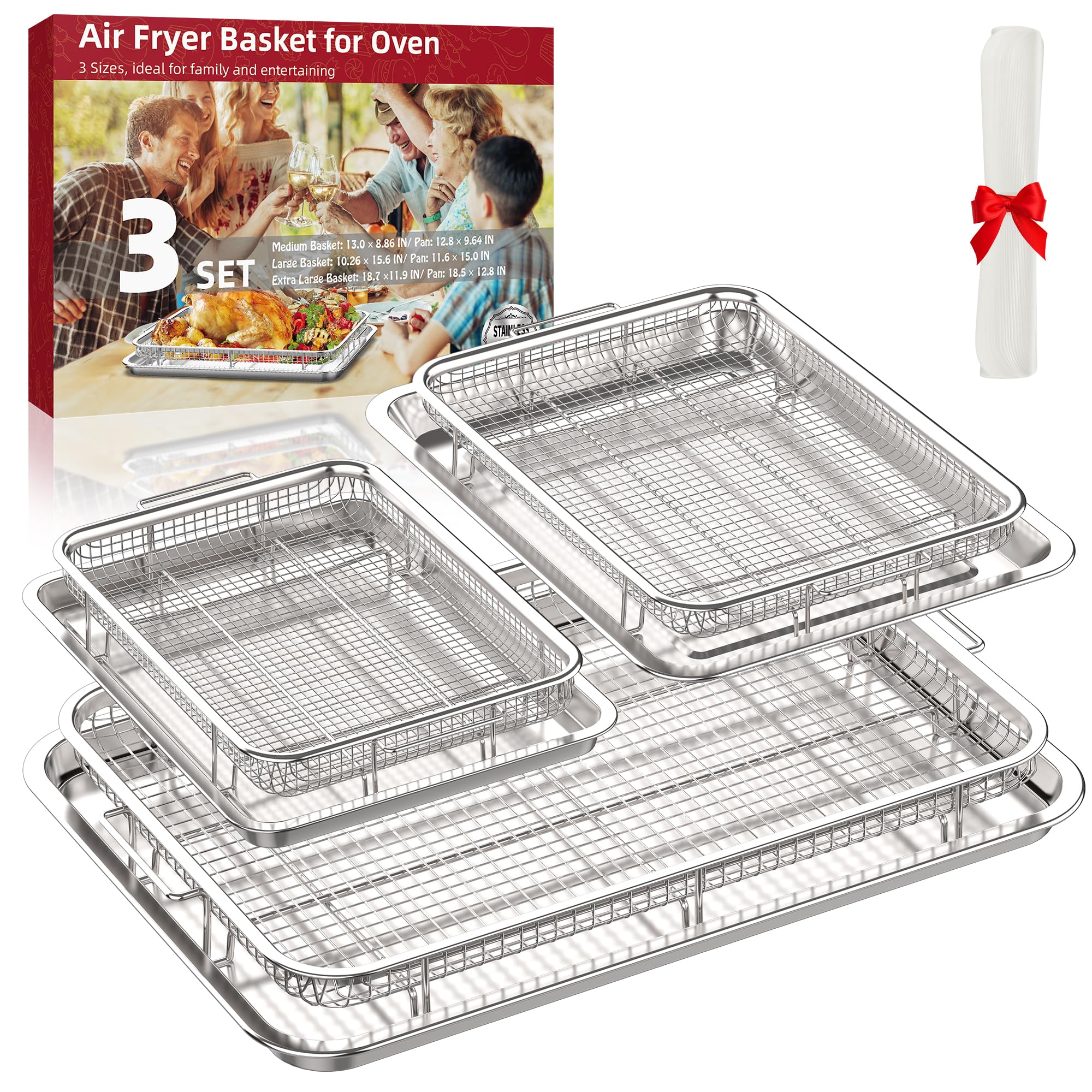 Air Fryer Basket, OPENICE 2 Set Air Fryer Pan and Crisper Tray for Oven, Non-stick Oven Air Fryer Basket for Baking and Crispy Foods - Black