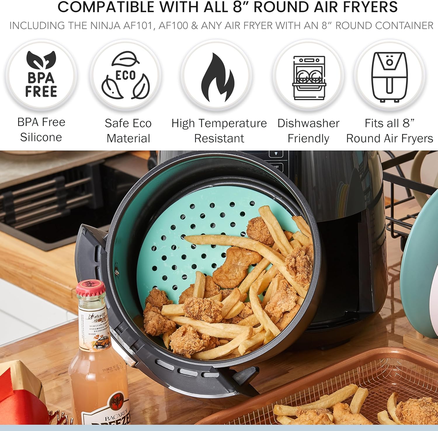 7.5 in round - Reusable Air Fryer Silicone Liners - Pack of 3 Round & Flexible Air Fryer Liner Mats for Ninja AF101 4QT, Non Stick Non Slip & Waterproof Silicone Fryer Tray for Oven
