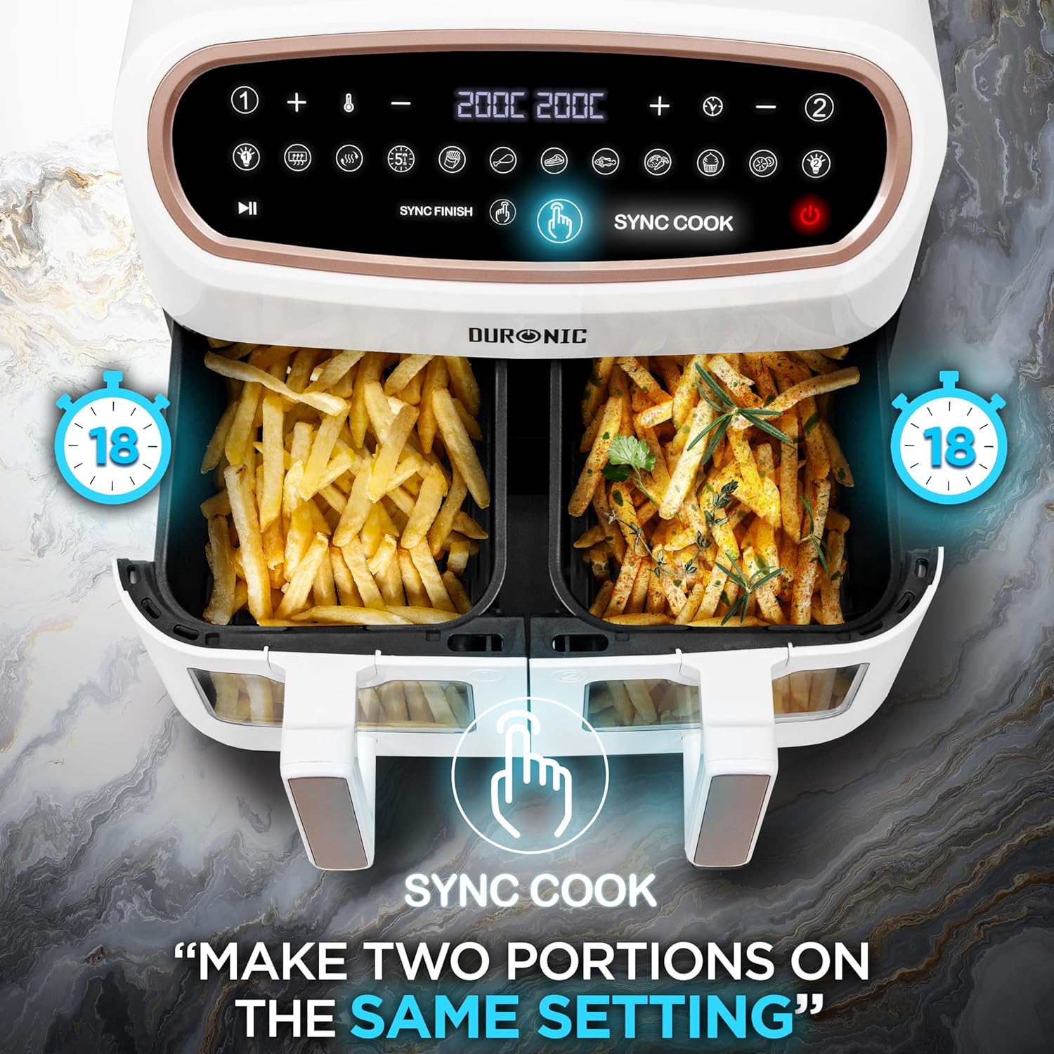 Duronic XXL Air Fryer AF34 WE 10L Digital Family Size Air Fryers Oil Free Triple Drawers 10in1 Dual Zone Extra Large AirFryer for Family Cooking with Dishwasher Safe Non-Stick Baskets White