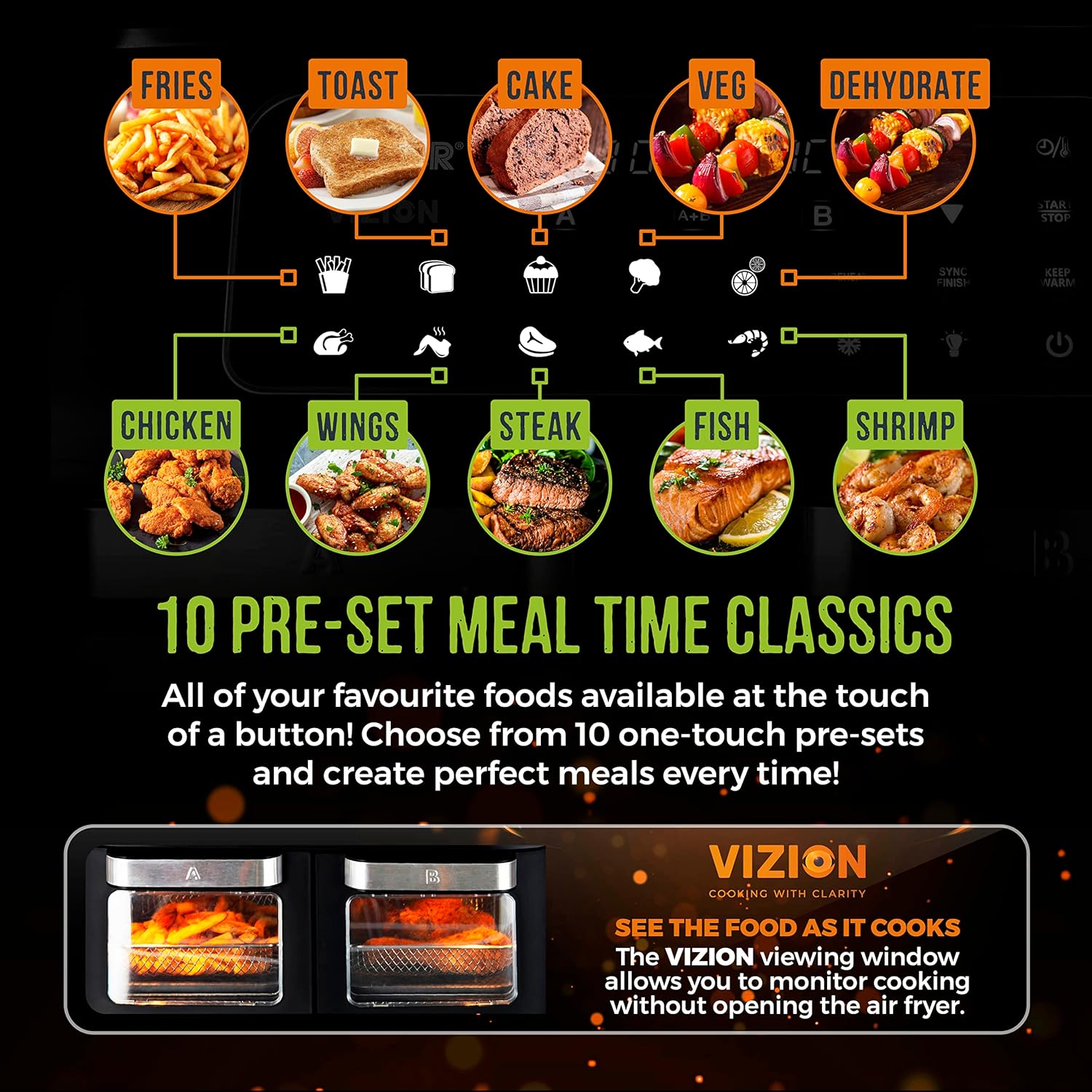 Tower T17102 Vortx Vizion Dual Compartment Air Fryer Oven with Digital Touch Panel, 11L, Black
