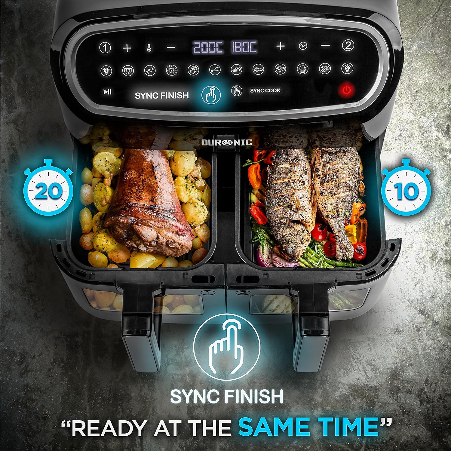 Duronic Twin Air Fryer AF24 10L Digital Large Air Fryer Dual Basket Visual Window 2400W Sync Cook Sync Finish 10 Presets Quick Cook Dishwasher Safe Oil-Free Healthy Cooking Family Size Multi Cooker